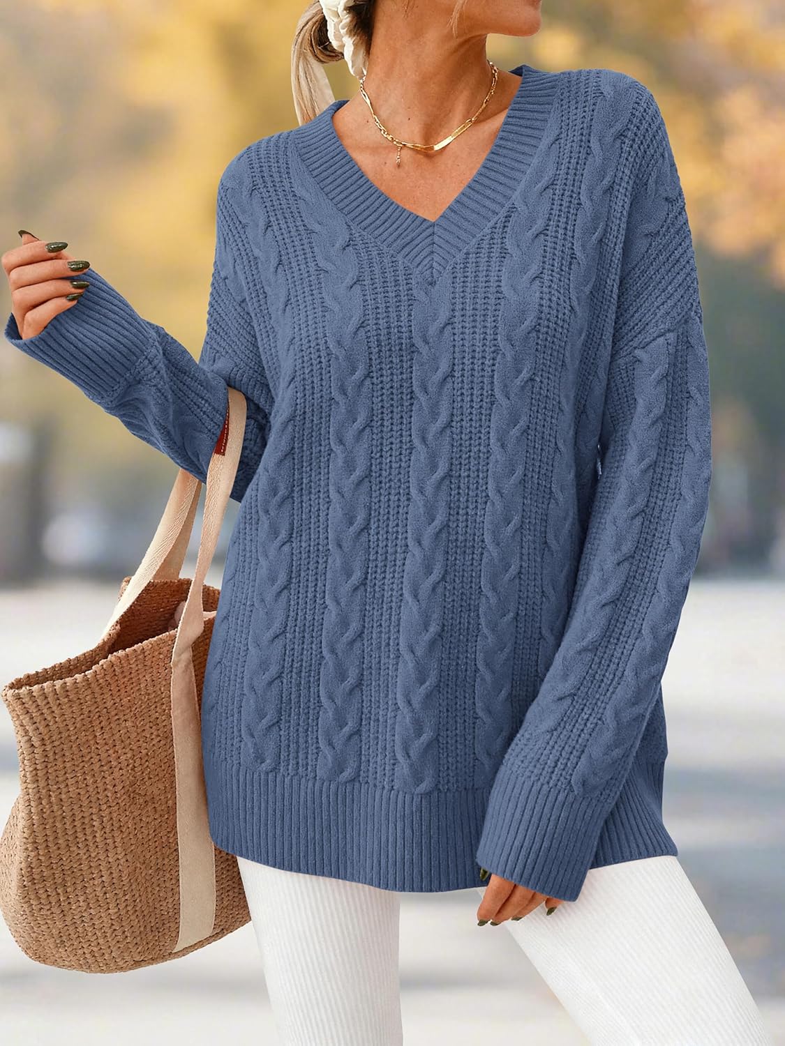 Okiwam Women's Oversized Sweaters Long Sleeve V Neck Cable Knit Pullover Tops Fall Outfits Spring Fashion Clothes 2026 - Image 2