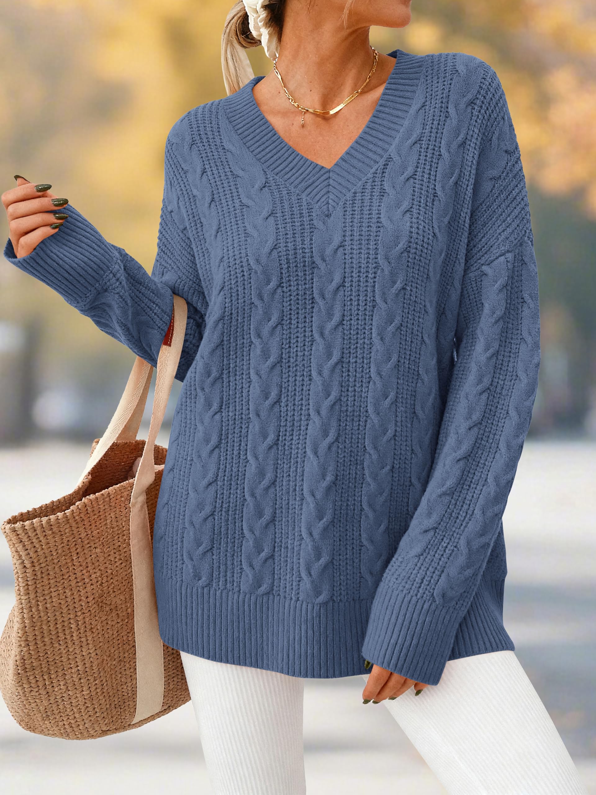 Okiwam Maglioni oversize da donna autunno 2025 a maniche lunghe con scollo a V in maglia a trecce pullover top grossi abiti alla moda