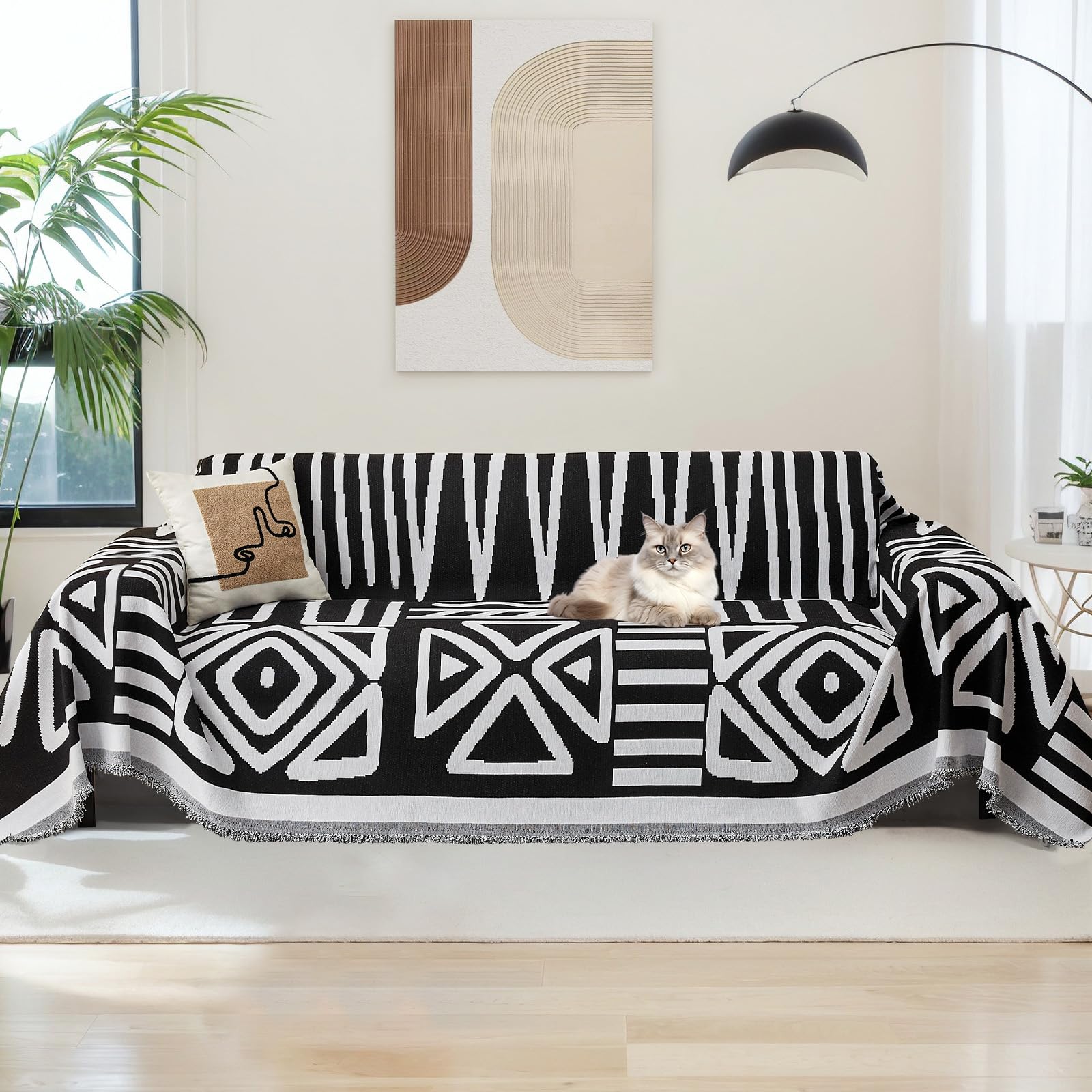 ele ELEOPTIONCouch Cover for Sectional Sofa L Shape Armrest Backrest Futon Cover Jacquard Chenille Cushion Slipcover for Dog Cat Pet Furniture Protector with Tassel Washable (71" x 118", A Black)