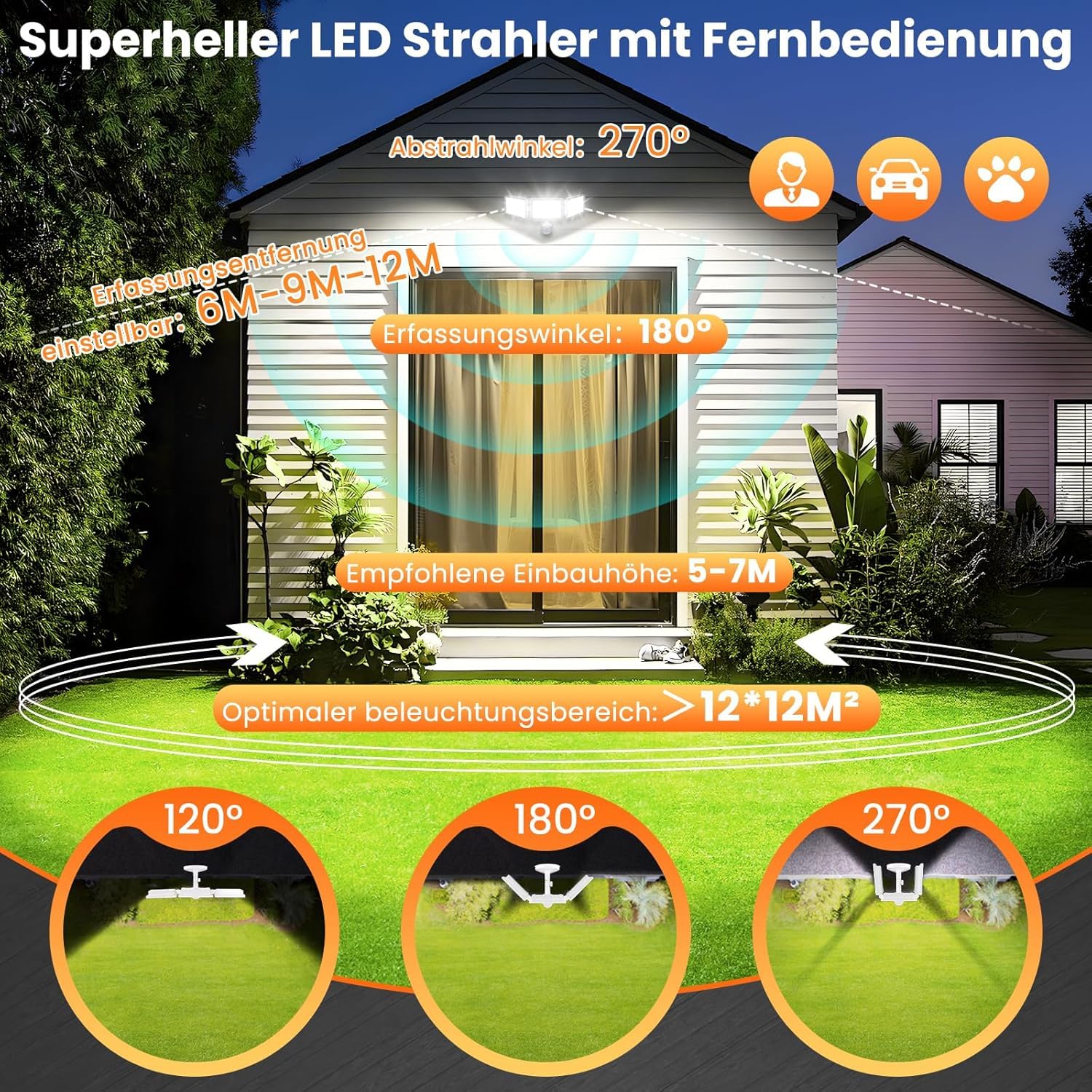 MEIKEE 100W Reflektor LED z czujnikiem ruchu Pilot zdalnego sterowania 9600LM 6500K Światło dzienne białe Reflektory PIR do użytku na zewnątrz 4 tryby pracy Sterowanie czasowe IP66 wodoodporny Regulac