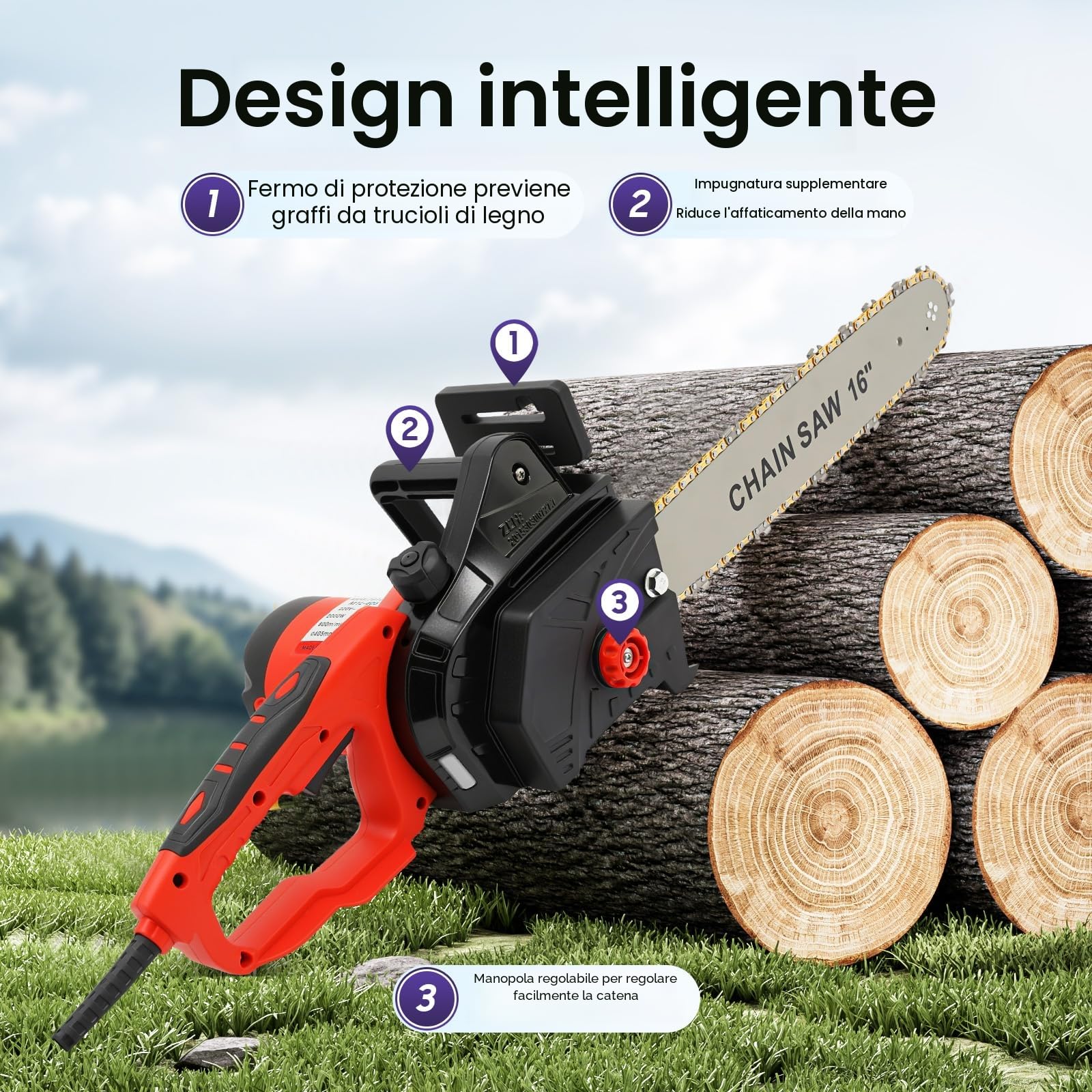 Motosega Elettrica 2000 W con Spruzzatura Automatica dell'Olio – Piastra Guida da 16 Pollici, Cavo di Alimentazione da 4,92 m, 9 Denti per Tagli Precisi – Ideale per Giardinaggio e Falegnameria