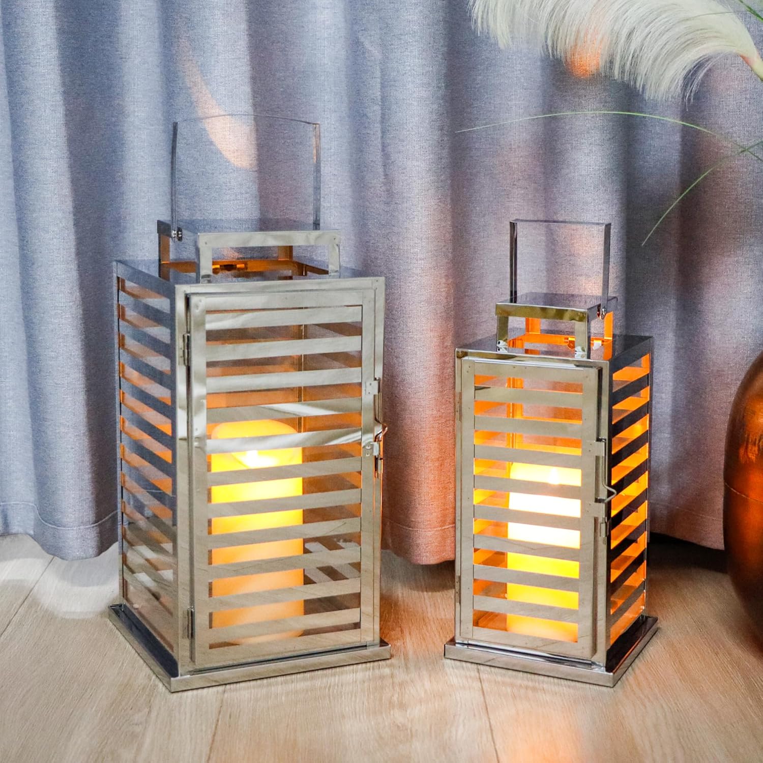 TRIROCKS Set of 2 Stainless Steel Lantern 15 &12" H Decorative Candle Lanterns with Tempered Glass Panels Indoor & Outdoor Candle Holder for Living Room Weeding Parties Events - Silver Finish