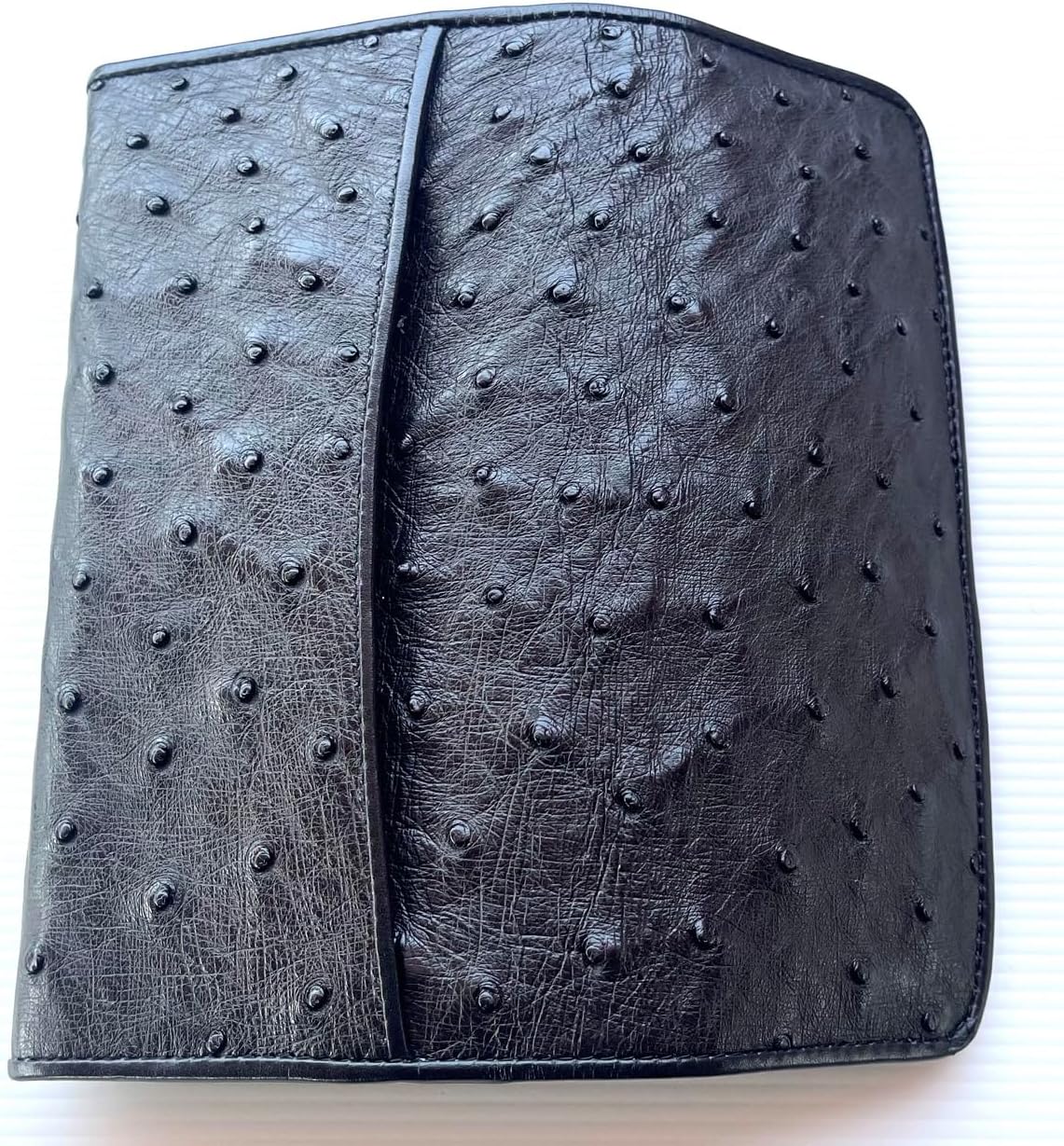 Genuine Real Ostrich Skin Leather Trifold Clutch Long Black Wallet