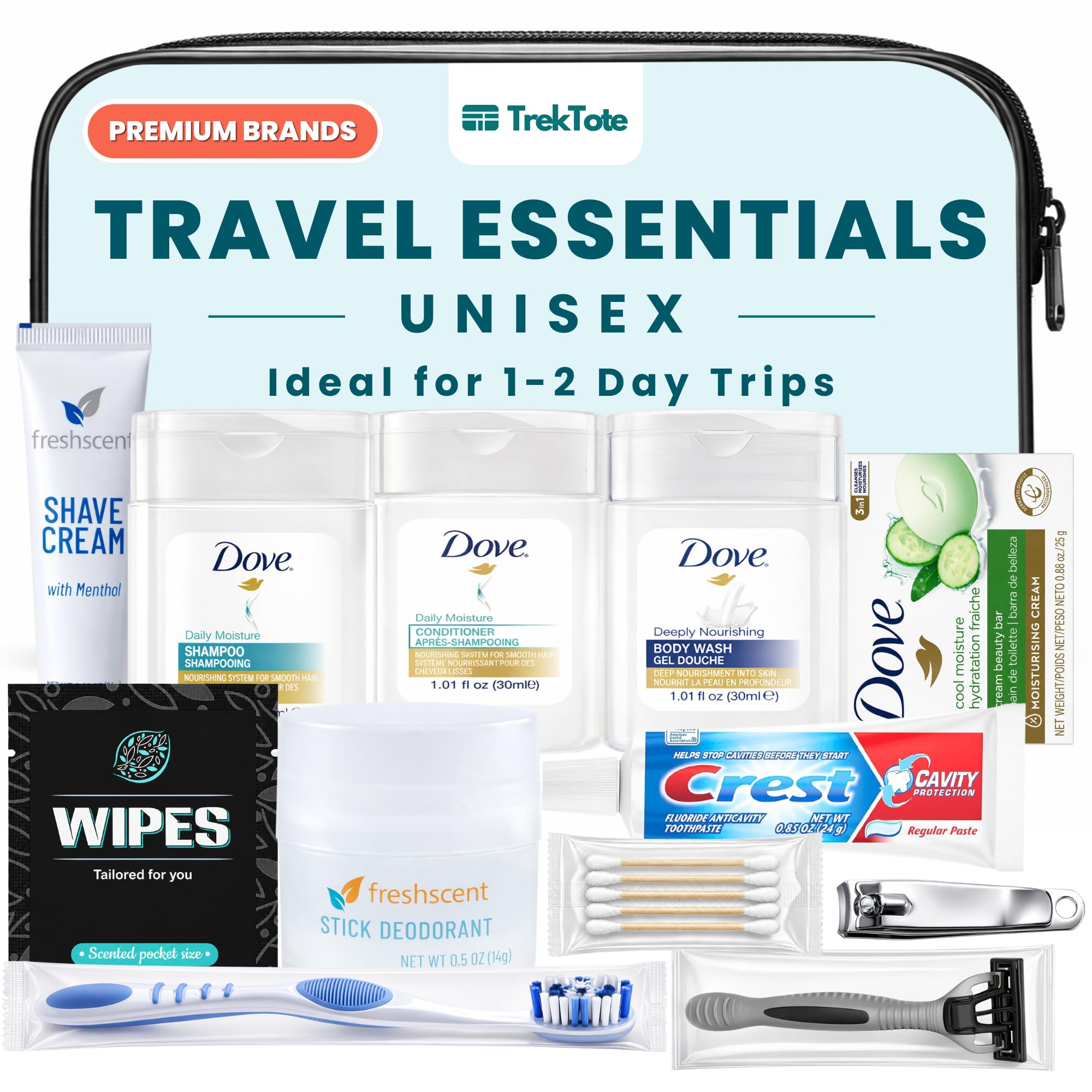 Unisex Travel Essentials Kit Includes Name Brand Travel Size Toiletries