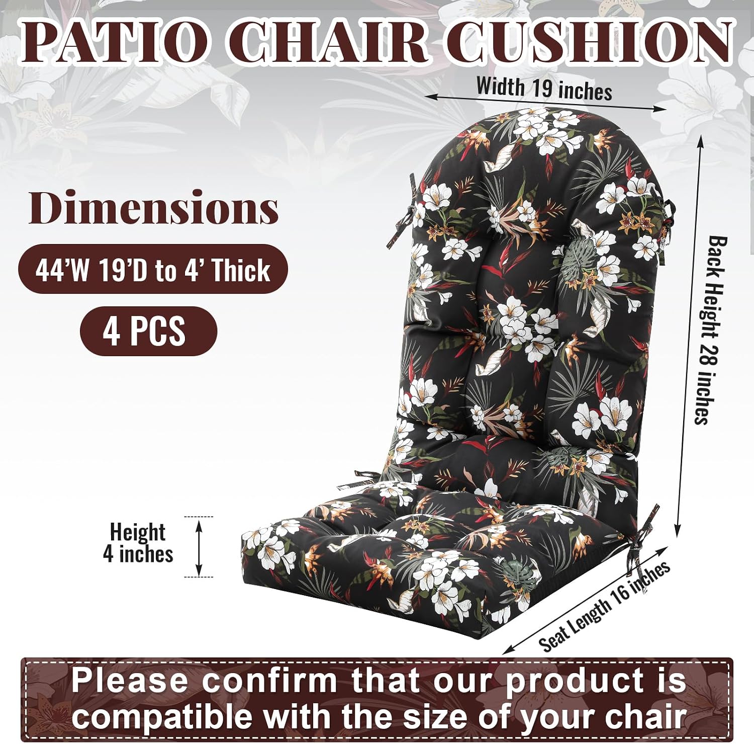 Geelin 4 Pcs Outdoor Patio Chair Cushion Thick High Back Adirondack Chair Cushion Tufted Weather & Fade Resistant Anti-Slip Outside Rocking Chairs Pads with Ties, 44 x 19 x 4 Inch (Tropic Flower)