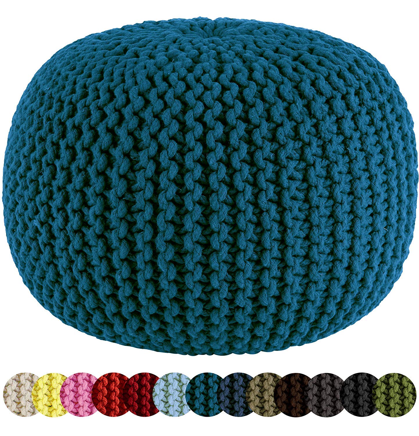 Tanishkam Décor -Hand Knitted Cable Style Dori Pouf - Black - Floor Ottoman - 100% Cotton Braid Cord - Handmade & Hand Stitched - Truly one of a Kind Seating - 20 Dia x 14 High (Teal)