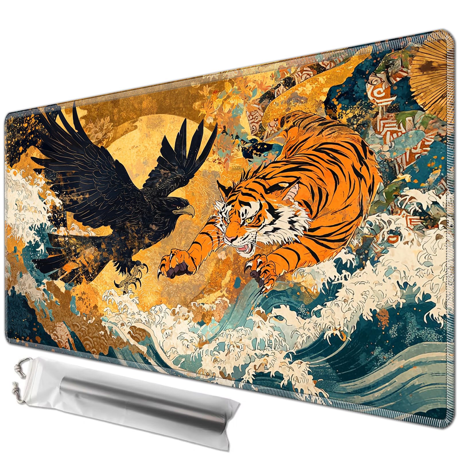 JANENFNA TCG Card Playmat 27.5" x 15.7" with Storage Bags for MTG Game Play Mats, Premium Stitched Non-Slip Rubber Tabletop Magic Play Mats Desk Duel Card Breaking Mats, Eagle and Tiger