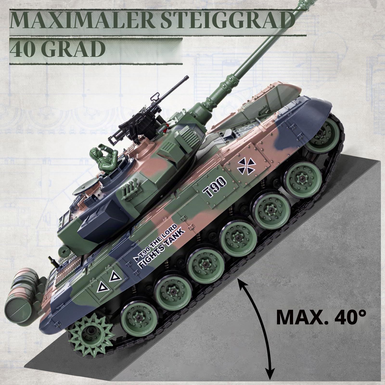 Supdex 1:18 RC Panzer T90, 2.4GHz Panzer Ferngesteuert mit Schussfunktion, WW2 Militär, Ferngesteuertes Militärfahrzeug mit Metallketten, Rauch, Licht, Sound, Armee Spielzeug für Kinder Erwachsene