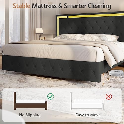 Miniatura 7 de Jocisland Base de cama matrimonial con cabecero y estribo de luces LED, tapizado de terciopelo, plataforma tamaño Queen, marco de cama no necesita