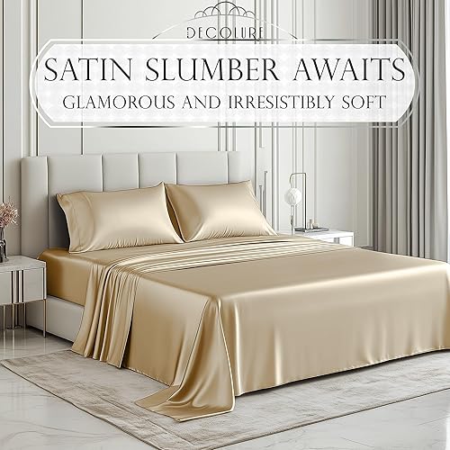 Miniatura 2 de DECOLURE Juego de sábanas de satén tamaño Queen, 4 piezas, sábanas de tacto de seda genuina y lujosa, tamaño Queen con bolsillo profundo, elegantes