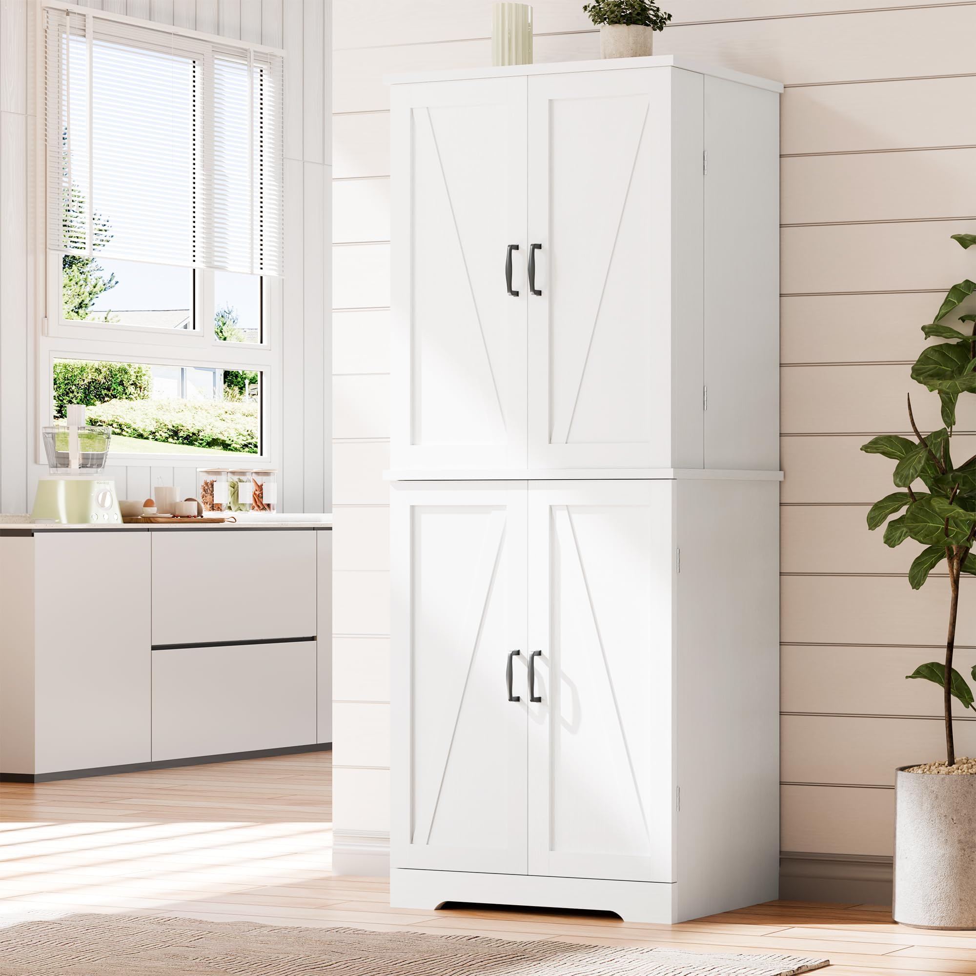Vongrasig Kitchen Pantry Storage Cabinet with Barn Doors, Drawer and Adjustable Shelves, 6-Tier Tall Rustic Wood Cupboard Locker for Kitchen, Dining Room, Living Room, Bathroom, White