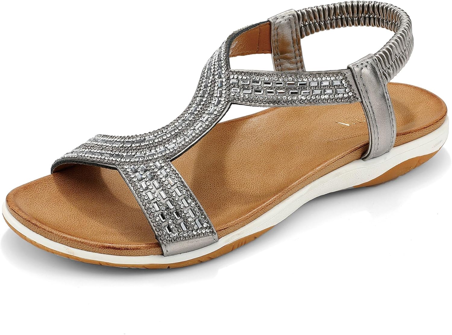 UBFEN Flat Sandals For Women Dressy Walking Comfortable Sandal With Rhinestone Braid Elastic Strap Summer Vacation