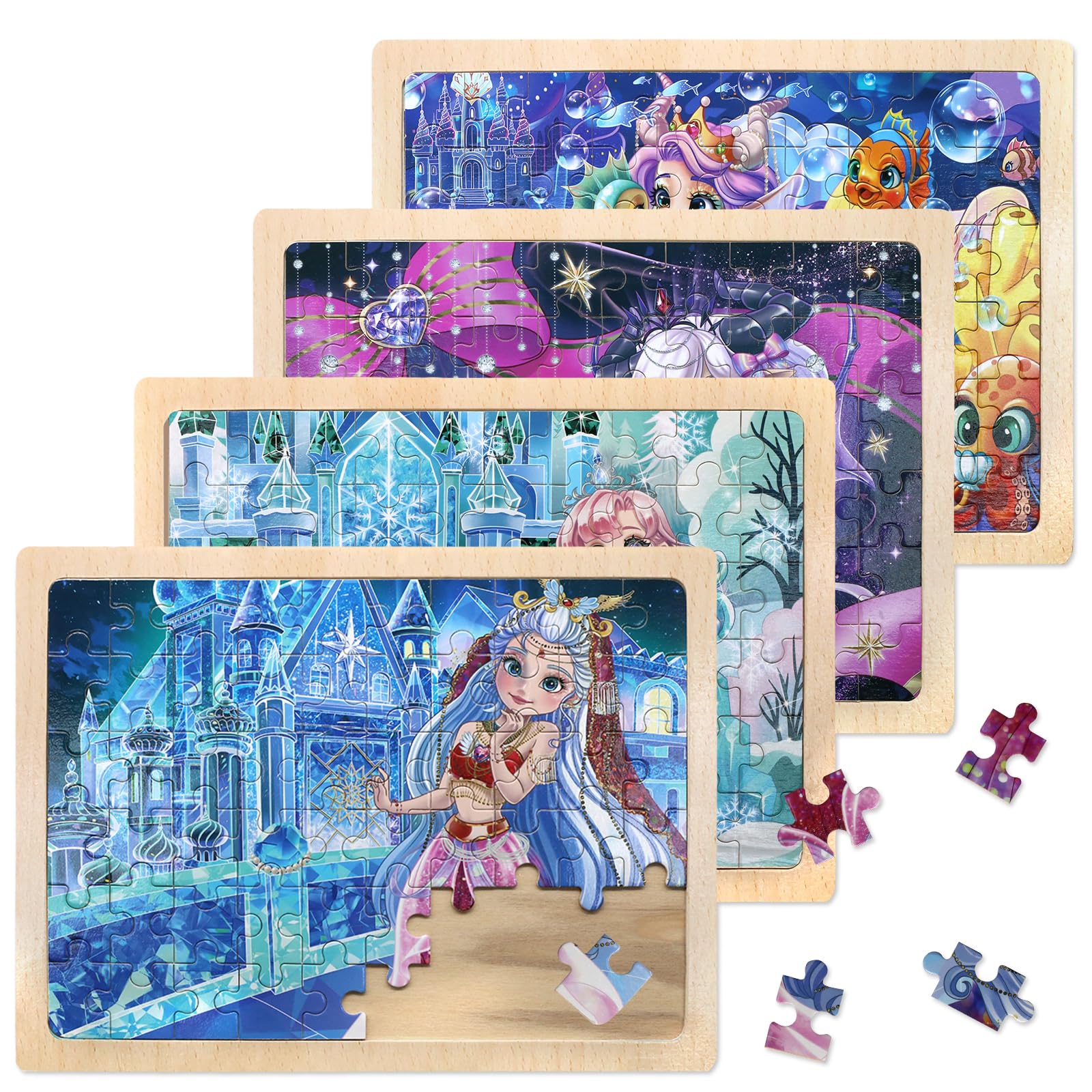 4 Packs x 60 Piece, Puzzles Gifts For 3 Year Olds Girl, Mermaid Princess Fairy Jigsaw Puzzles Toys for Toddlers 3-6 Year Olds, Wooden Jigsaws Puzzle, Travel Games Airplane Activities for Girls