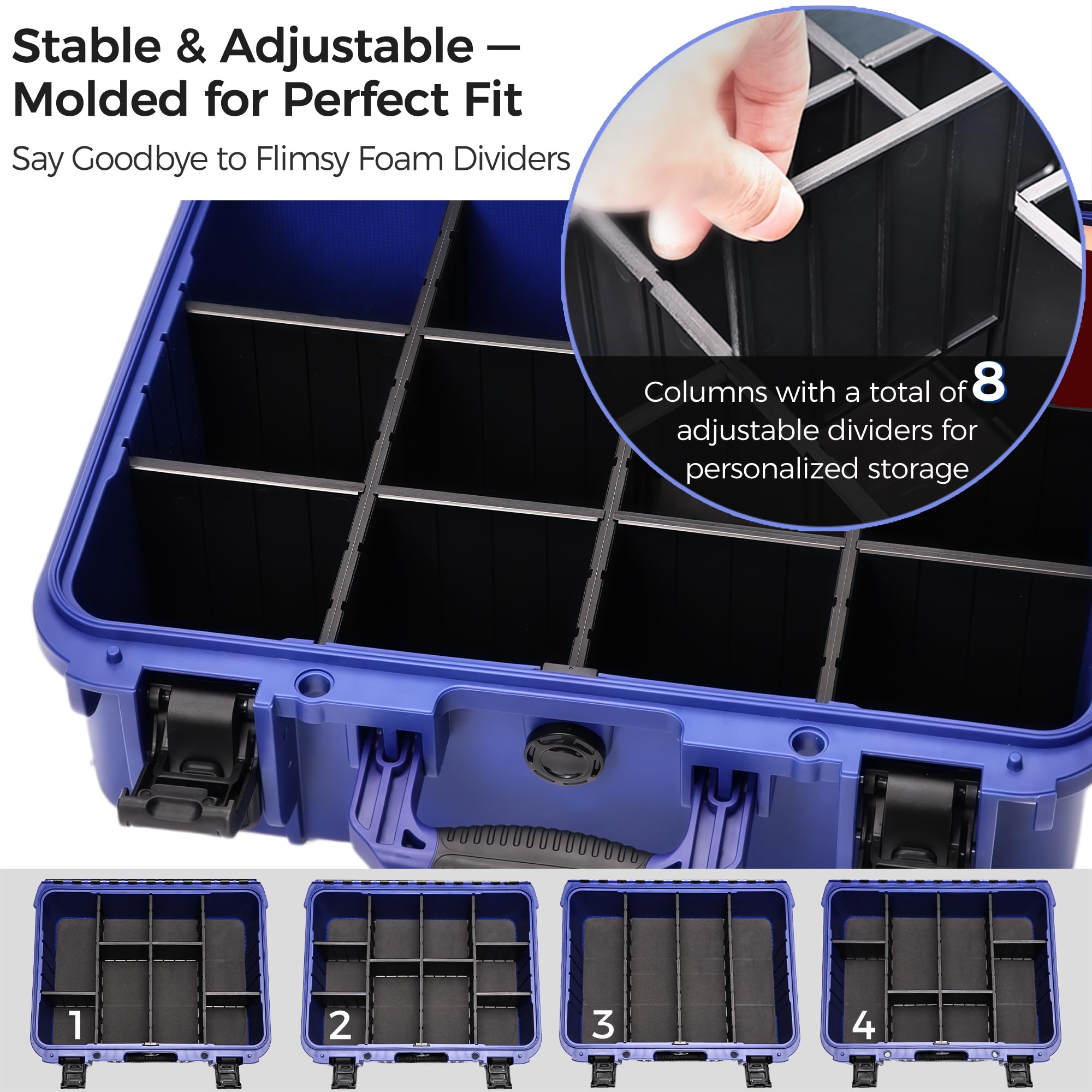 Turokacase Boîte de rangement pour cartes graduées – Boîte de rangement extra large pour cartes à collectionner avec 8 séparateurs réglables (noir et bleu)