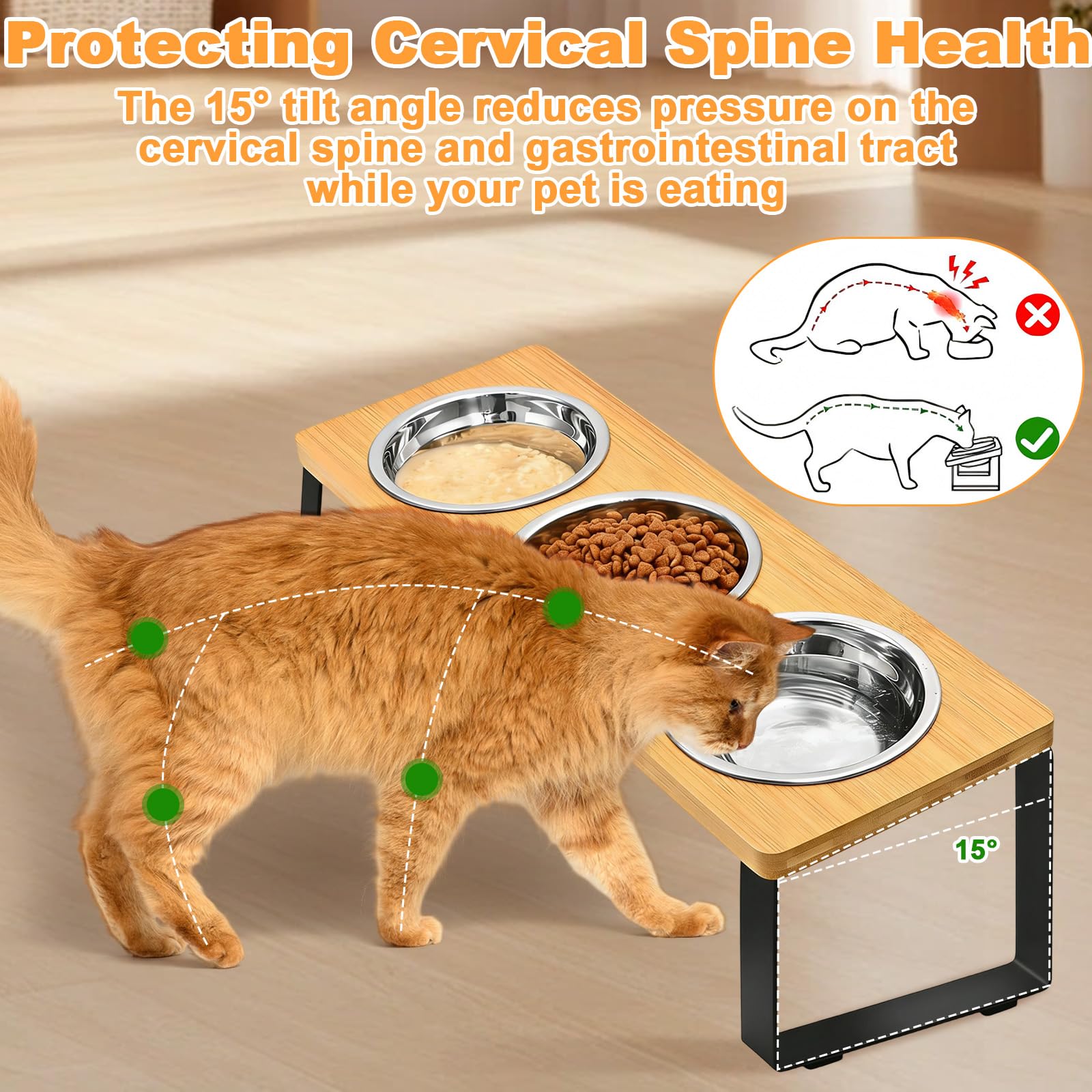 Ciotole Gatti Rialzate con Tappetino Antiscivolo & Supporto Bambù, 3 Ciotola Gatto Acciaio Inossidabile Inclinata 15°, Stazione Alimentazione Acqua Rialzata Cane Facile Pulire per Cani Piccoli Gattini