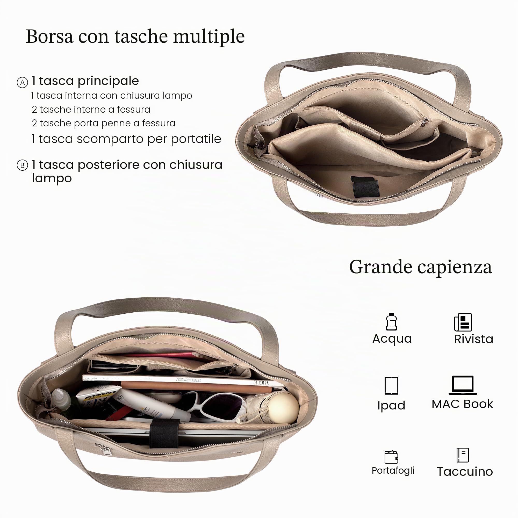 befen Borsa a tracolla in vera pelle da donna, grande, per computer portatile, con tasche multiple
