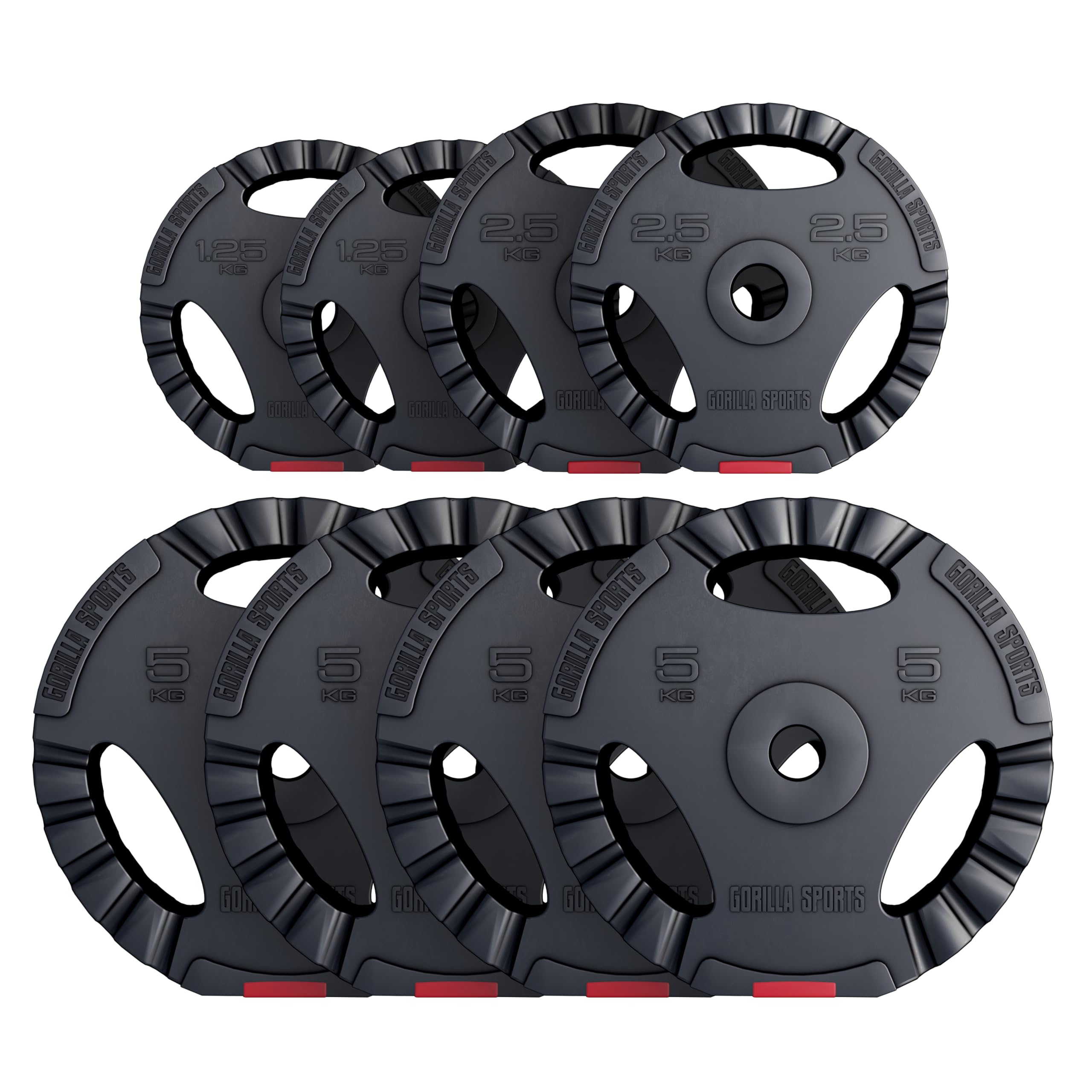 GORILLA SPORTS® Juego de Discos de Pesas Vinilo 27,5 Kg Triple Agarre | 2x 1,25 kg, 2x 2,5 kg, 4x 5 kg, Diámetro 30/31 mm