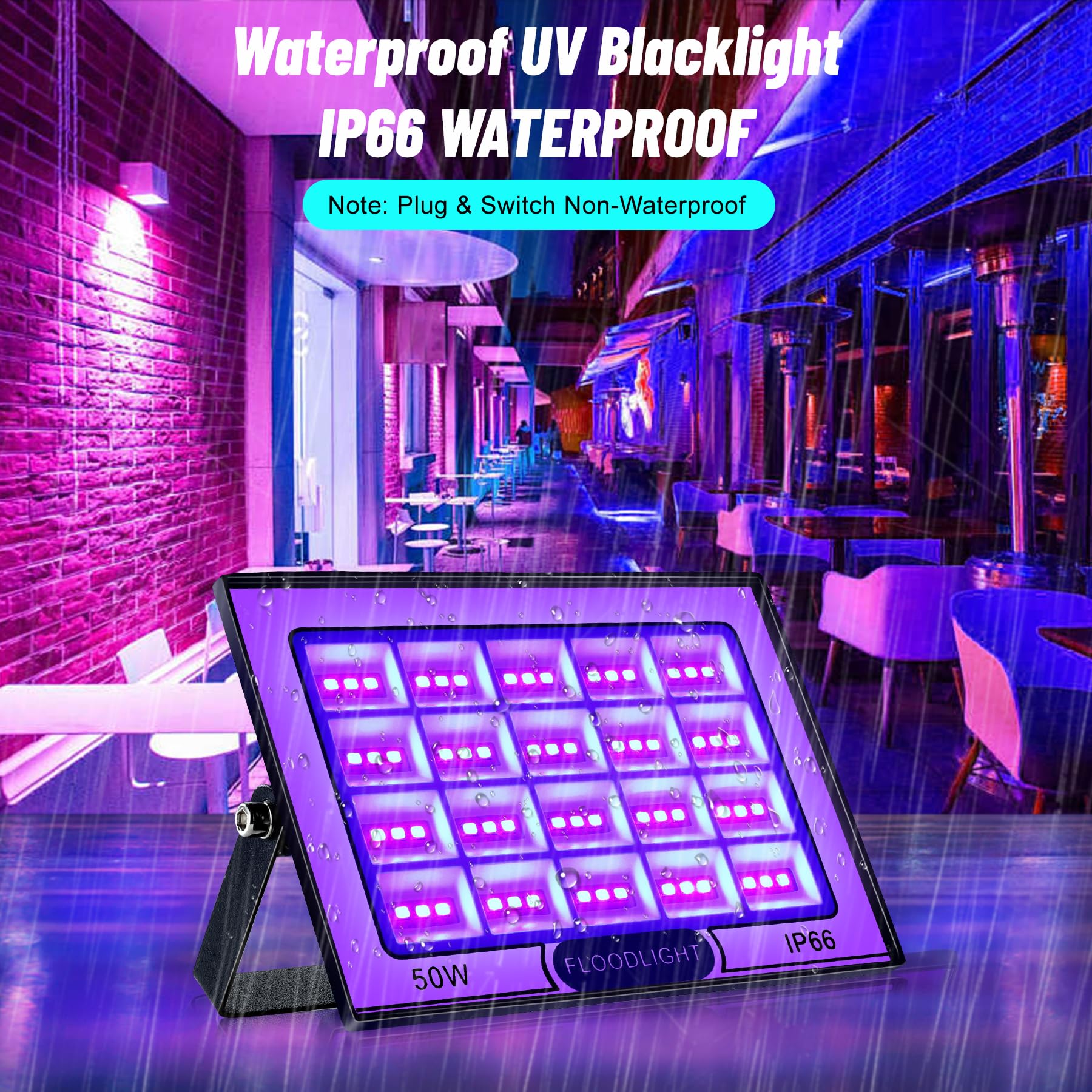 MAIAGO 2-Pack 50W LED Black Light Flood Lights – IP66 Waterproof, 385-400nm UV, 120° Beam, 800 Sq Ft Coverage, For Glow Parties, Halloween, Aquariums, Body Paint, Stage & Outdoor Decor