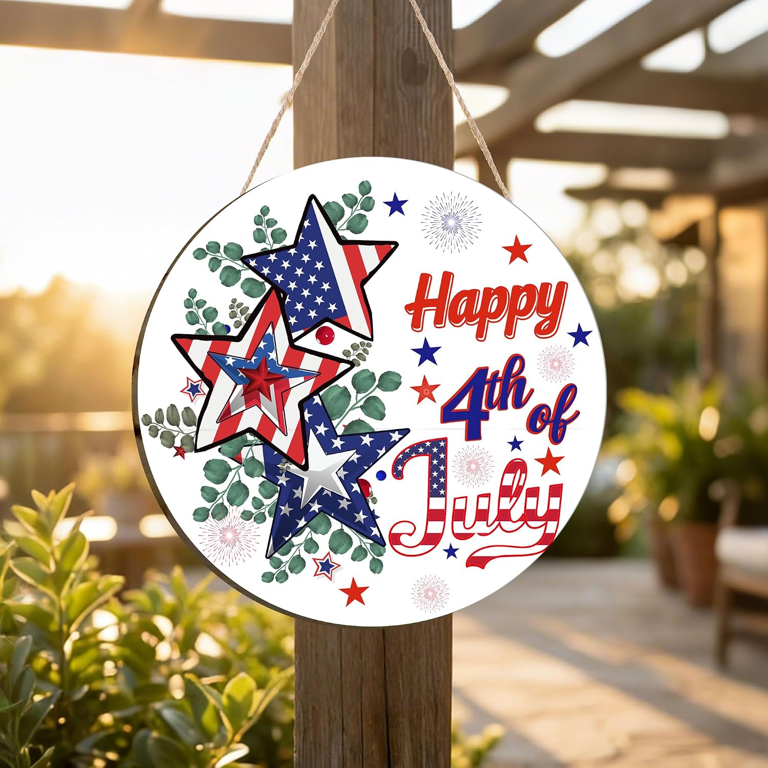4th of July Decorations, Wooden Happy 4th of July Wreaths for Front Door, Patriotic Red White and Blue Star Fourth of July Door Sign for Independence Day Porch Wall Indoor Home Decor