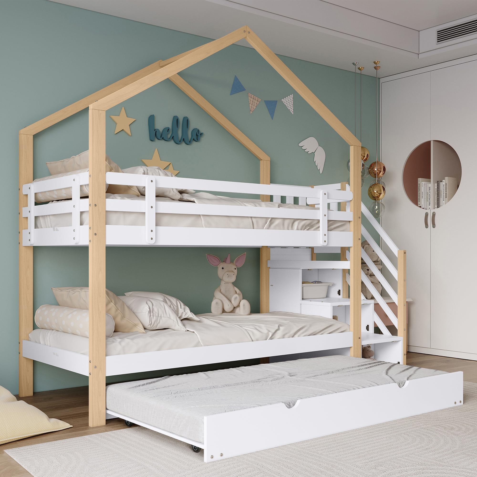 Rtopsu Kinderbett Etagenbett 90x200 cm mit Ausziehbares Bett, Bettgestell mit Treppe und Stauraum Regal, Hochbett mit Rausfallschutz und Lattenrost, Hausbett mit Dach, Weiß & Natur, Ohne Matratze