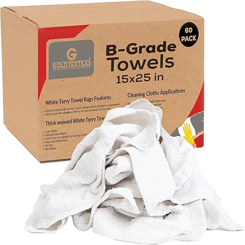 GOLD TEXTILES Toallas de mano a granel de grado B, 60 piezas de 16 x 27 pulgadas, mezcla de algodón, toallas blancas en una caja, toalla de limpieza