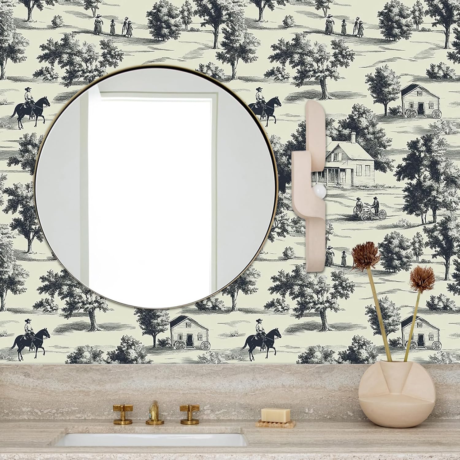 Rustic Vintage Town Wallpaper Peel and Stick Self Adhesive Beige Calming Realistic Tree House Horse Contact Paper Removable Waterproof for Bedroom Renter Friendly 17.71"x118.1"