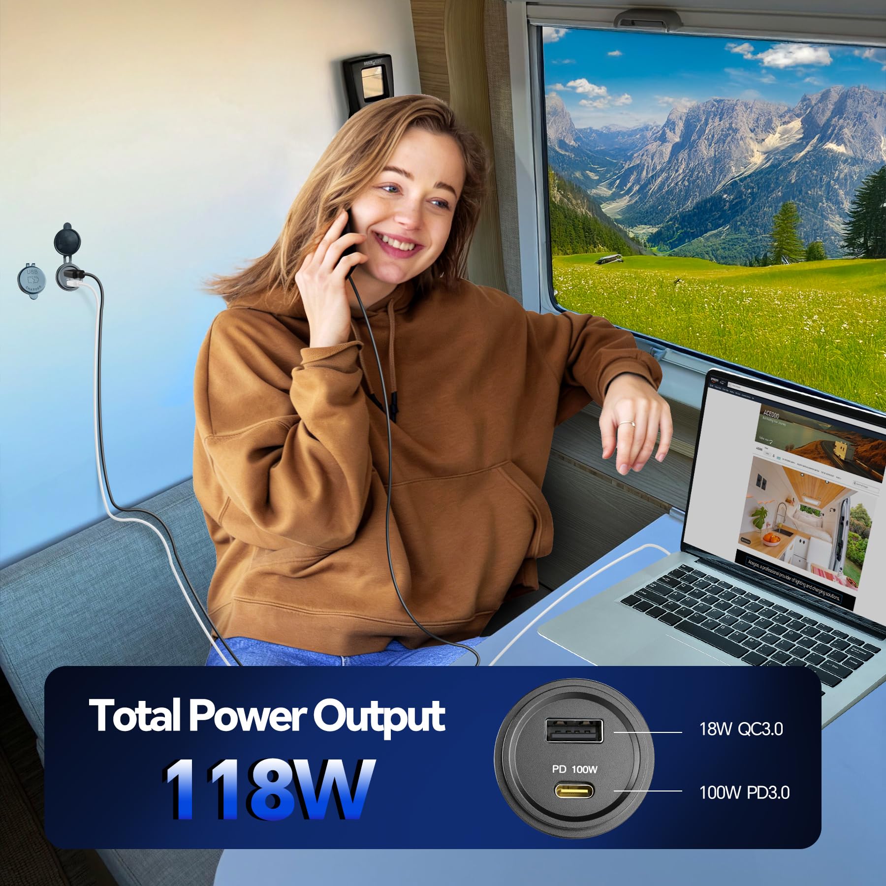 acegoo Presa USB C da 12 V 100 W PD e 18 W QC presa USB per camper, caricabatterie impermeabile per laptop, ricarica rapida per camper, barca, autobus, auto, camion, ATV, golf (confezione da 1)