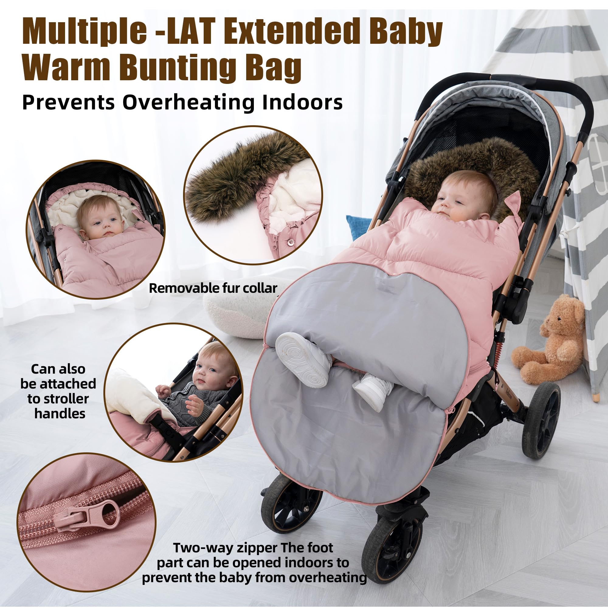 LAT Baby Warm Bunting Bag Universal,Extended and Removable,Stroller Sleeping Bag Cold Weather,Waterproof Toddler Footmuff - 5