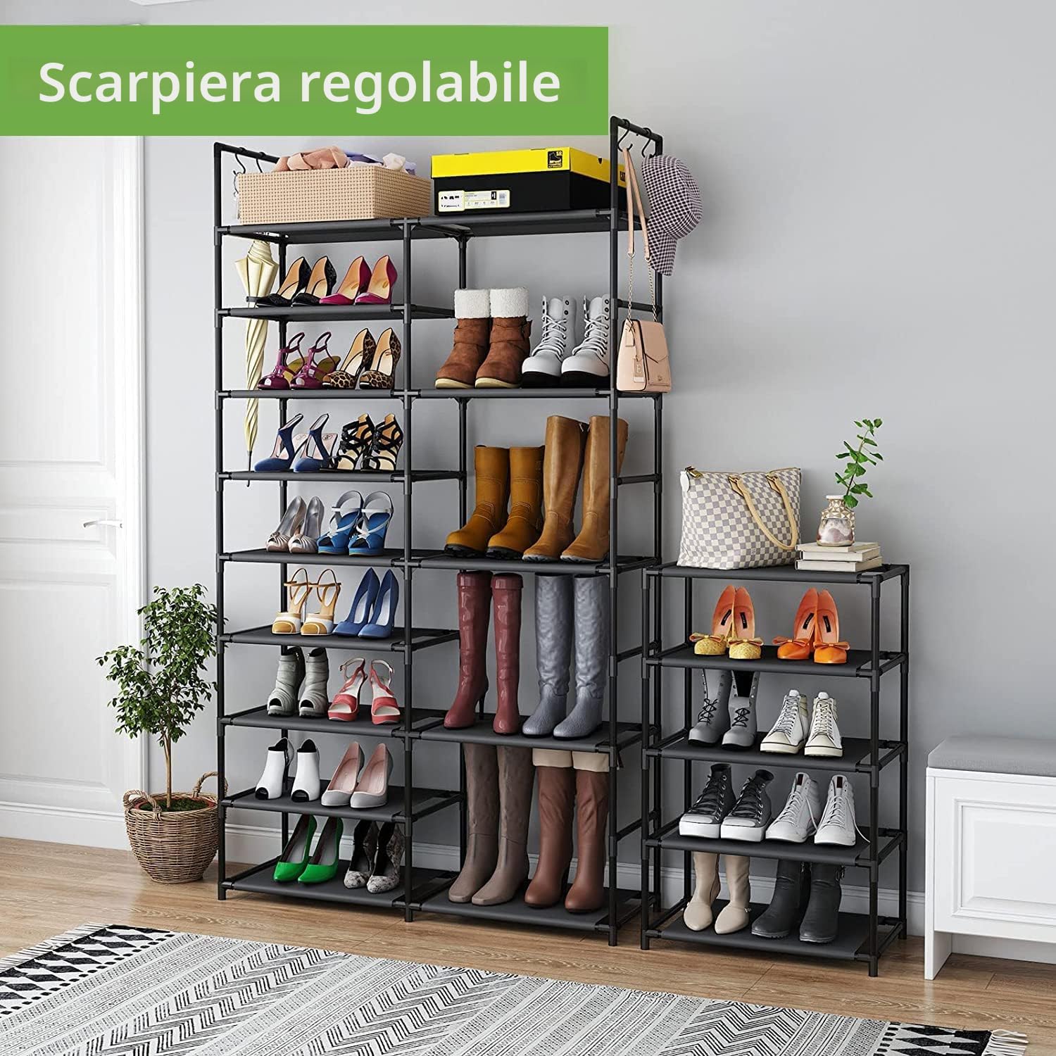 FINEW Scarpiera in metallo, sottile scarpiera con 23 ripiani, può contenere 50-55 paia di scarpe e stivali, scaffale per soggiorno, camera da letto, corridoio, ingresso, spogliatoi - nero