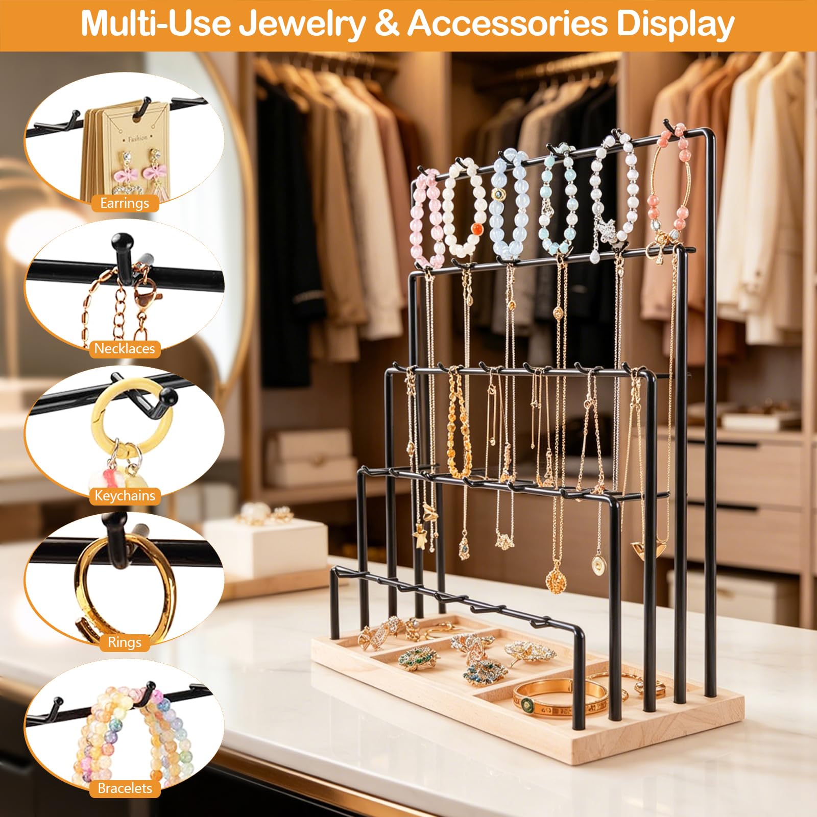 Espositore orecchini set da 2, supporto gioielli in legno con 5 livelli e 3 ganci, espositore per negozio e mercati, per orecchini collane bracciali e accessori