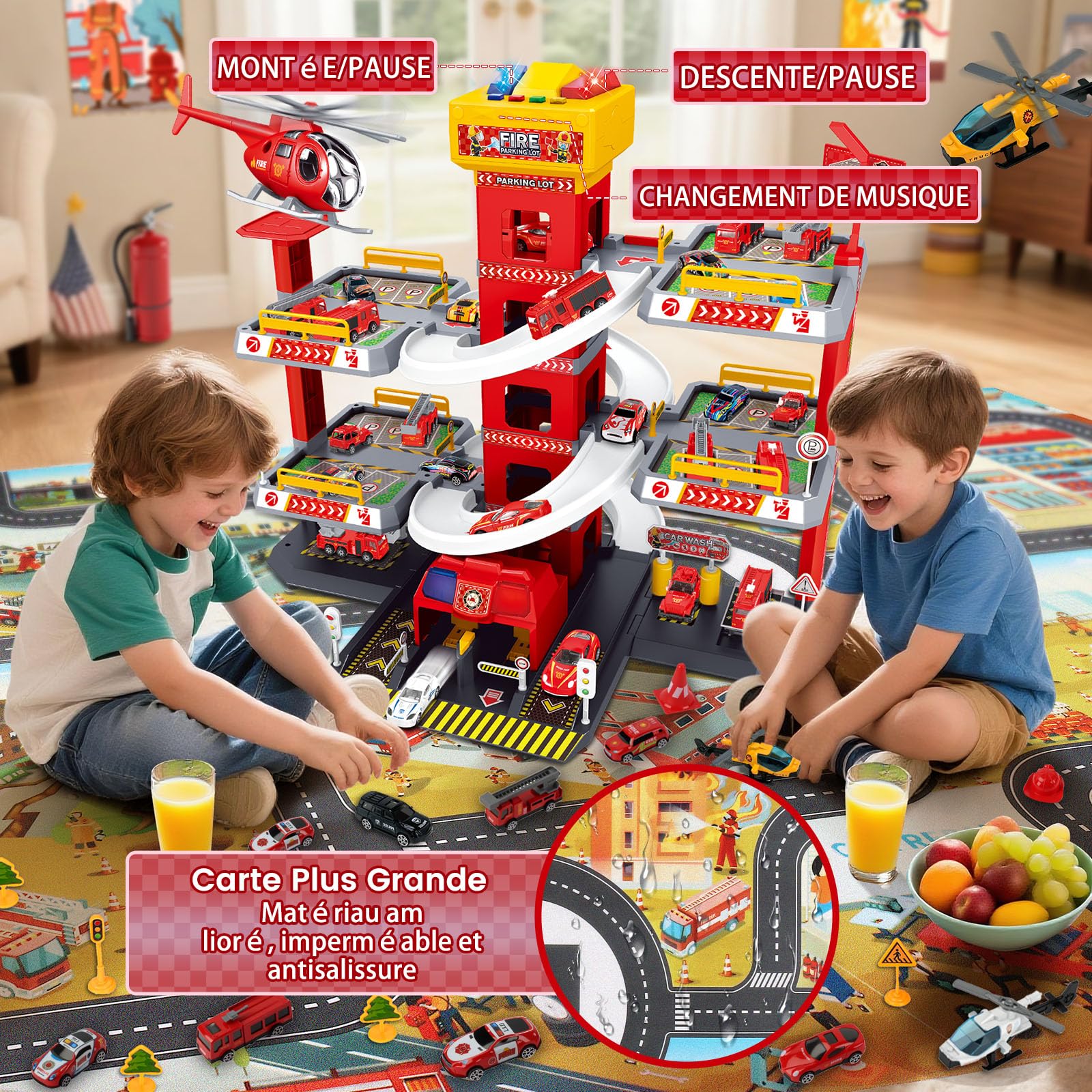 BuzzoXerex 5 Etages Garage pour Enfants, Piste de Course avec 14 Voitures et 2 Hélicoptère, Jouet Garage Voiture avec Ascenseur Electrique Circuit, Cadeaux pour Enfants 5 6 7 8 9 Ans (Rouge)
