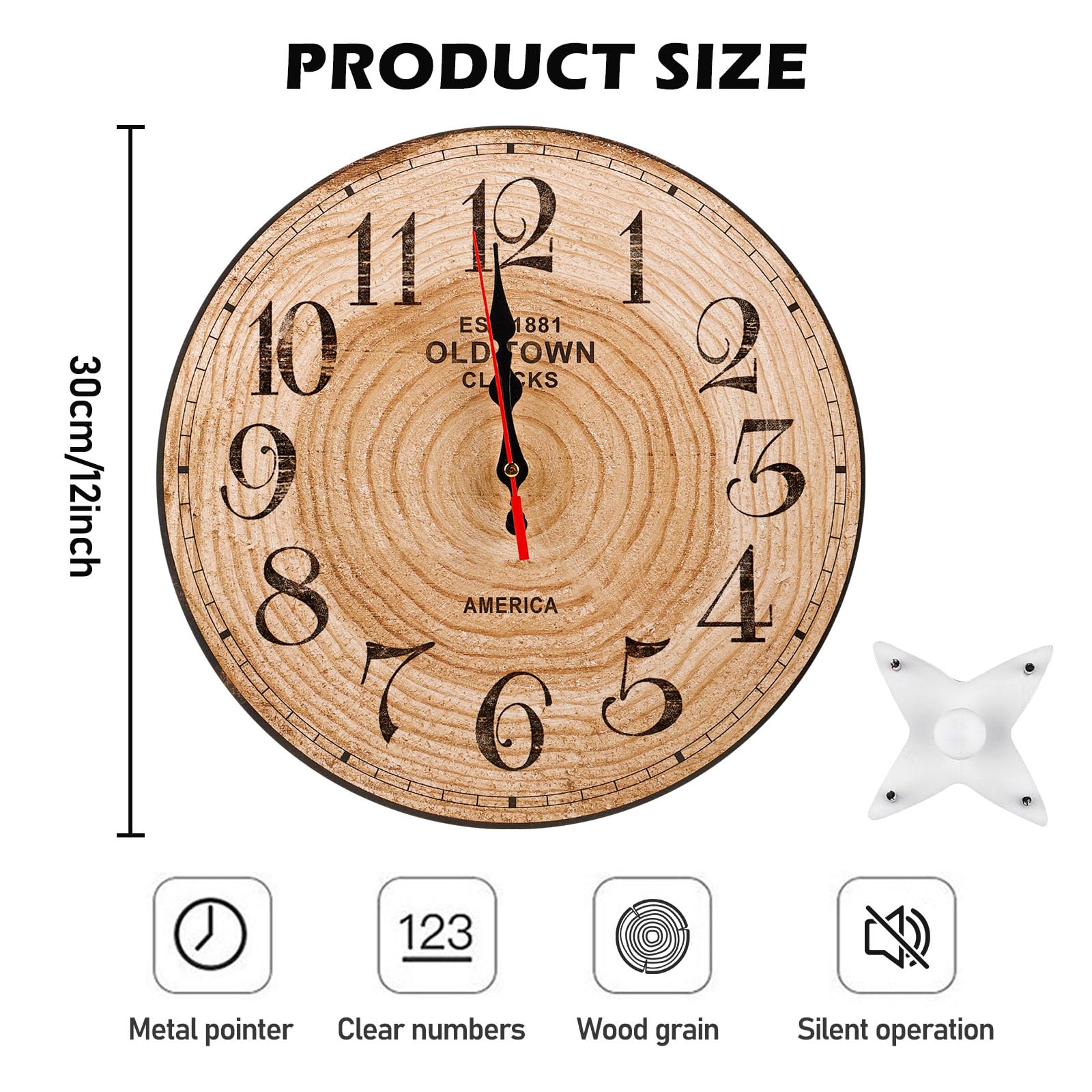 Horloge Murale Bois Ronde 30cm Silencieuse - Moderne Et Élégante Pour Chambre, Cuisine Et Salon Noir