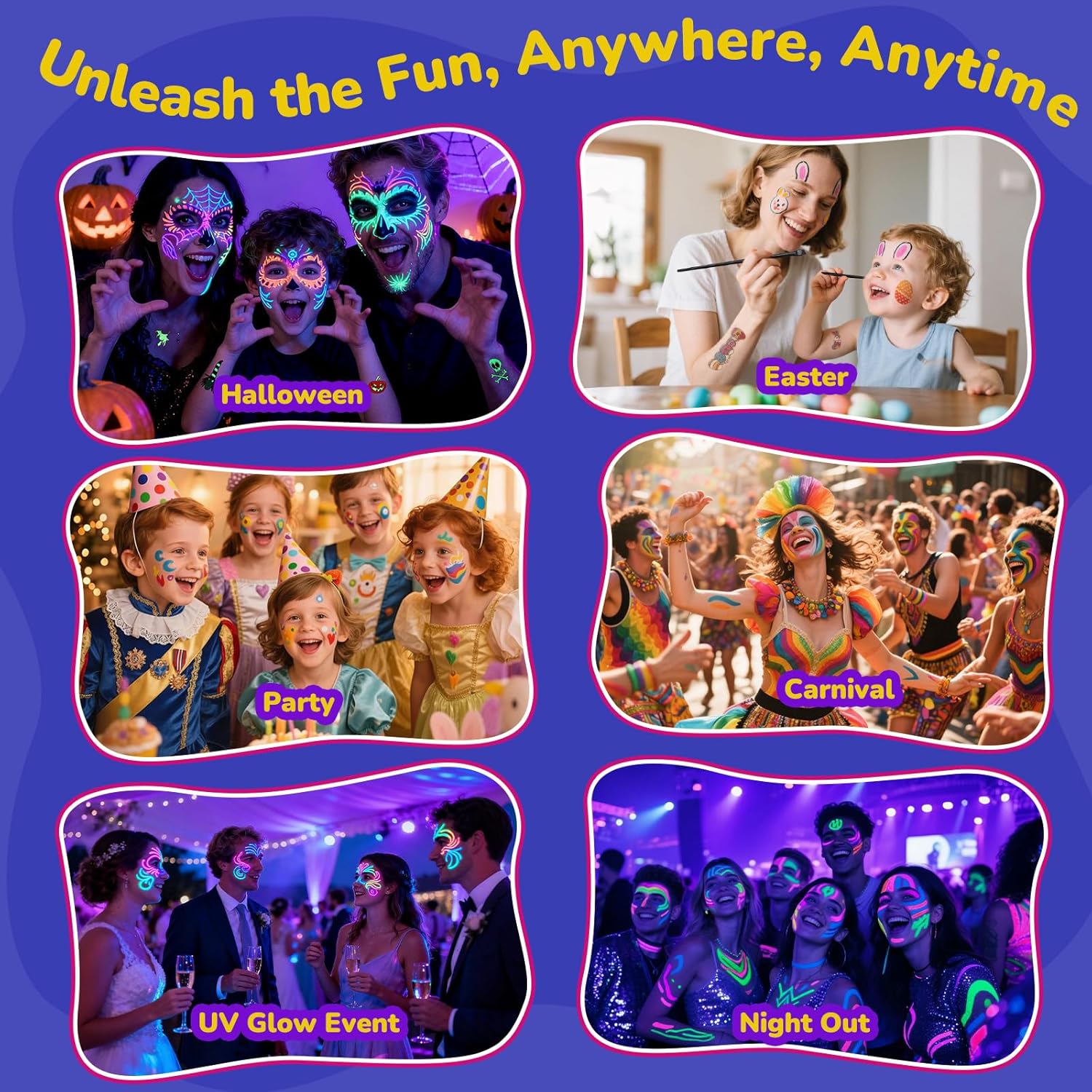 Beesjuy Glow Face Body Paint,12 PCS Glow In The Dark Under UV BlackLight, Face Painting Kits Neon Makeup Sticks for Kids Adult Halloween Birthday Glow Party Supplies - Image 7