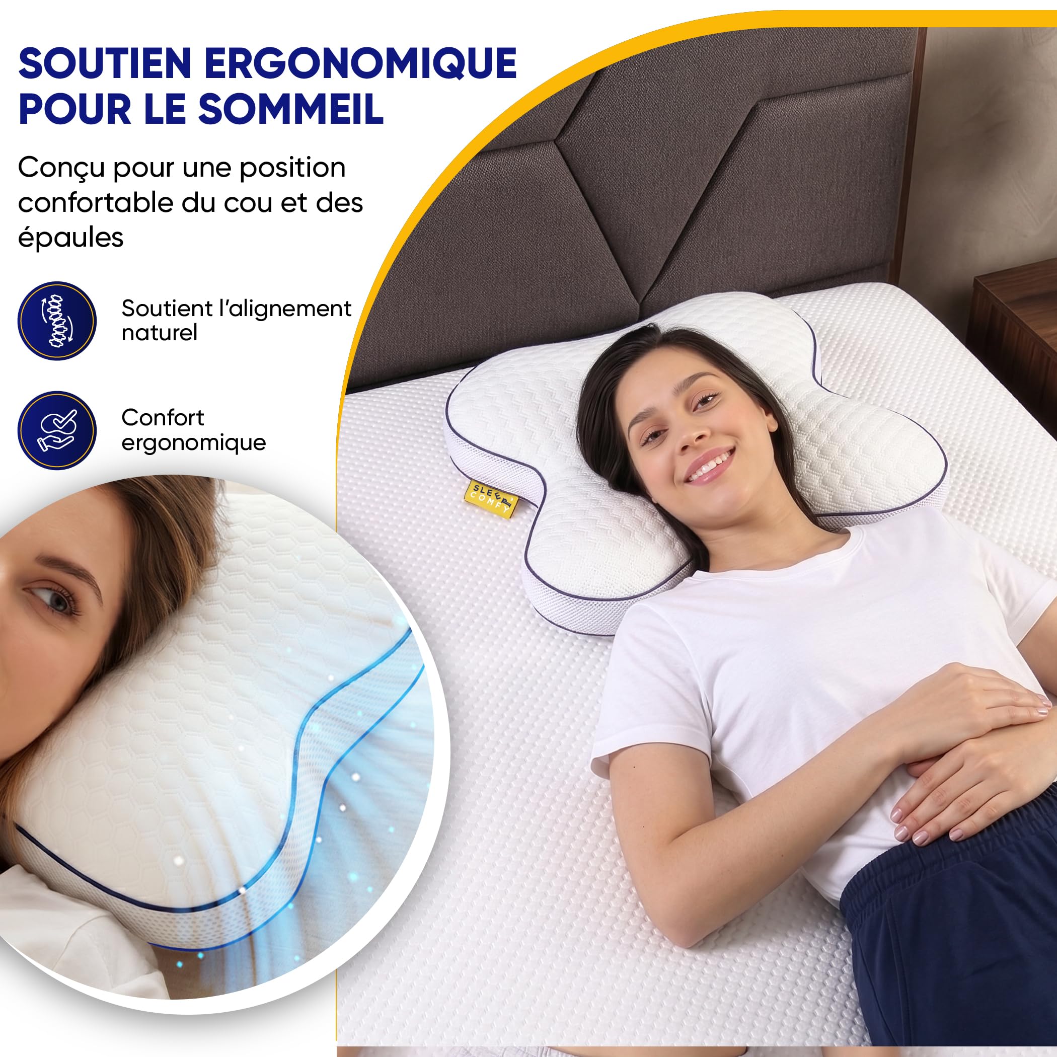 SLEEP COMFY Premium Oreiller Memory Foam, Cervical Mousse à Mémoire de Forme pour Le Soulagement des Douleurs OEKO-TEX Oreiller Orthopédique Ergonomique pour Les Dormeurs sur Le Côté Le Dos, Le Ventre