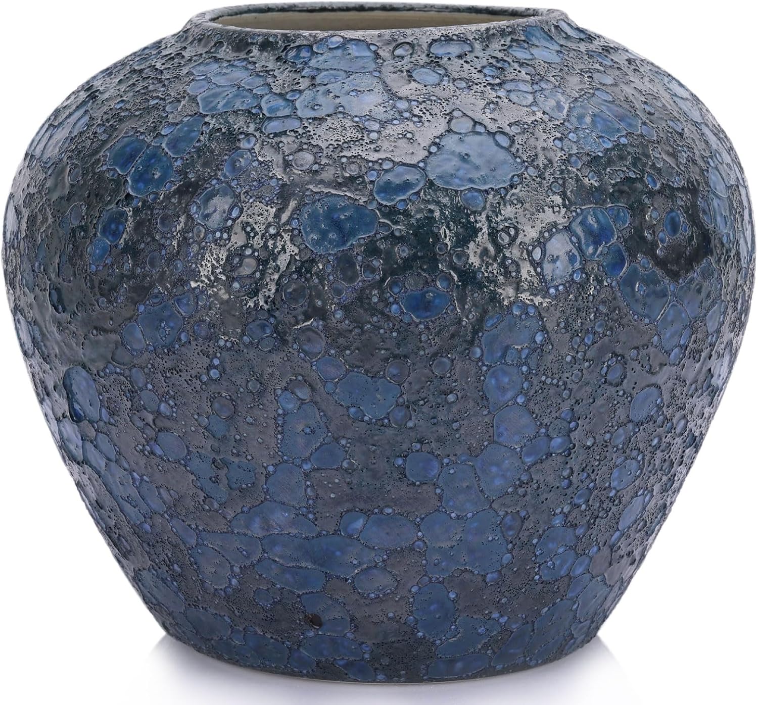 Rustic Blue Ceramic Vase, Blue Vases for Home Decor Large Round Terracotta Vases for Farmhouse Home Decoration, Wide Mouth Vintage Pottery Vase for Living Room, Kitchen, Table Centerpieces