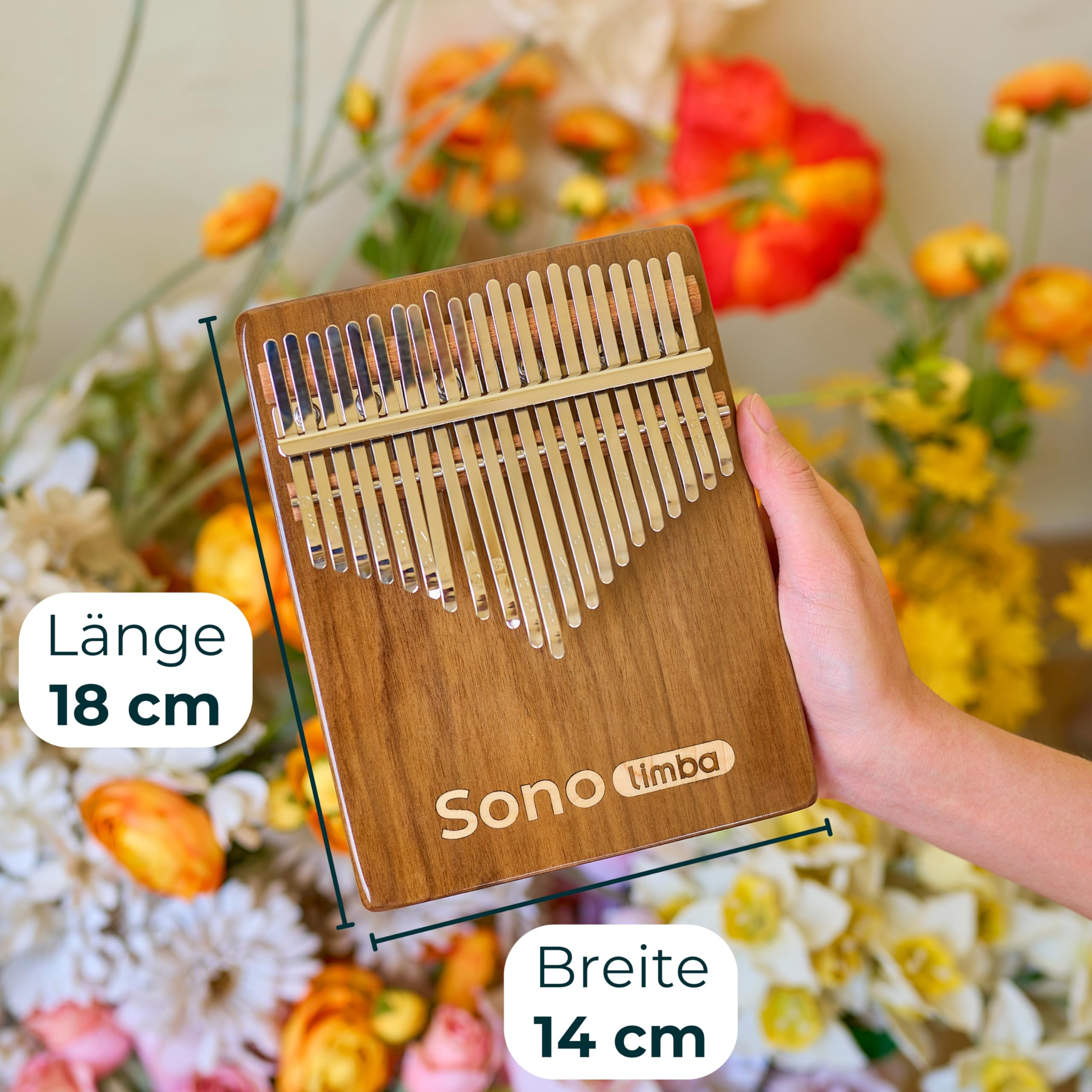 Kalimba "Sonolimba" mit 21 Schlüsseln in C - Dur aus Walnussholz - Daumenklavier inkl. Set mit Liederbuch, Schutztasche, Stimmhammer und weiteres. Kalimba Instrument für Kinder und Erwachsene