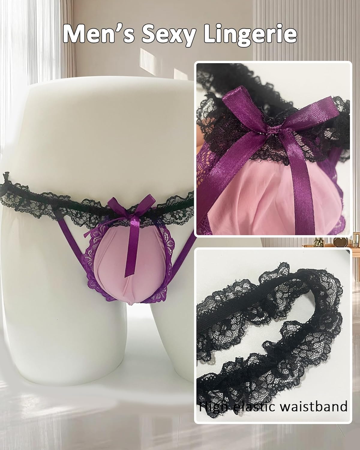 Mens Sexy Lace Frilly Thong Underwear, Bulge Pouch Panties T-back Sissy Lingerie For Men Crossdressers - Image 4