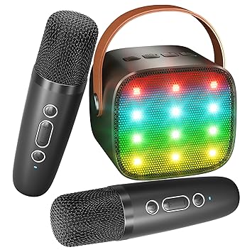 Mini Karaoke Machine for Kids Adults, Portable Bluetooth Speaker with 2 Wireless Microphones, Christmas Birthday Gifts Toys for Girls Ages 4, 5, 6,7, 8,9,10,11,12+ Years Old Toddler(Black) - image, photos