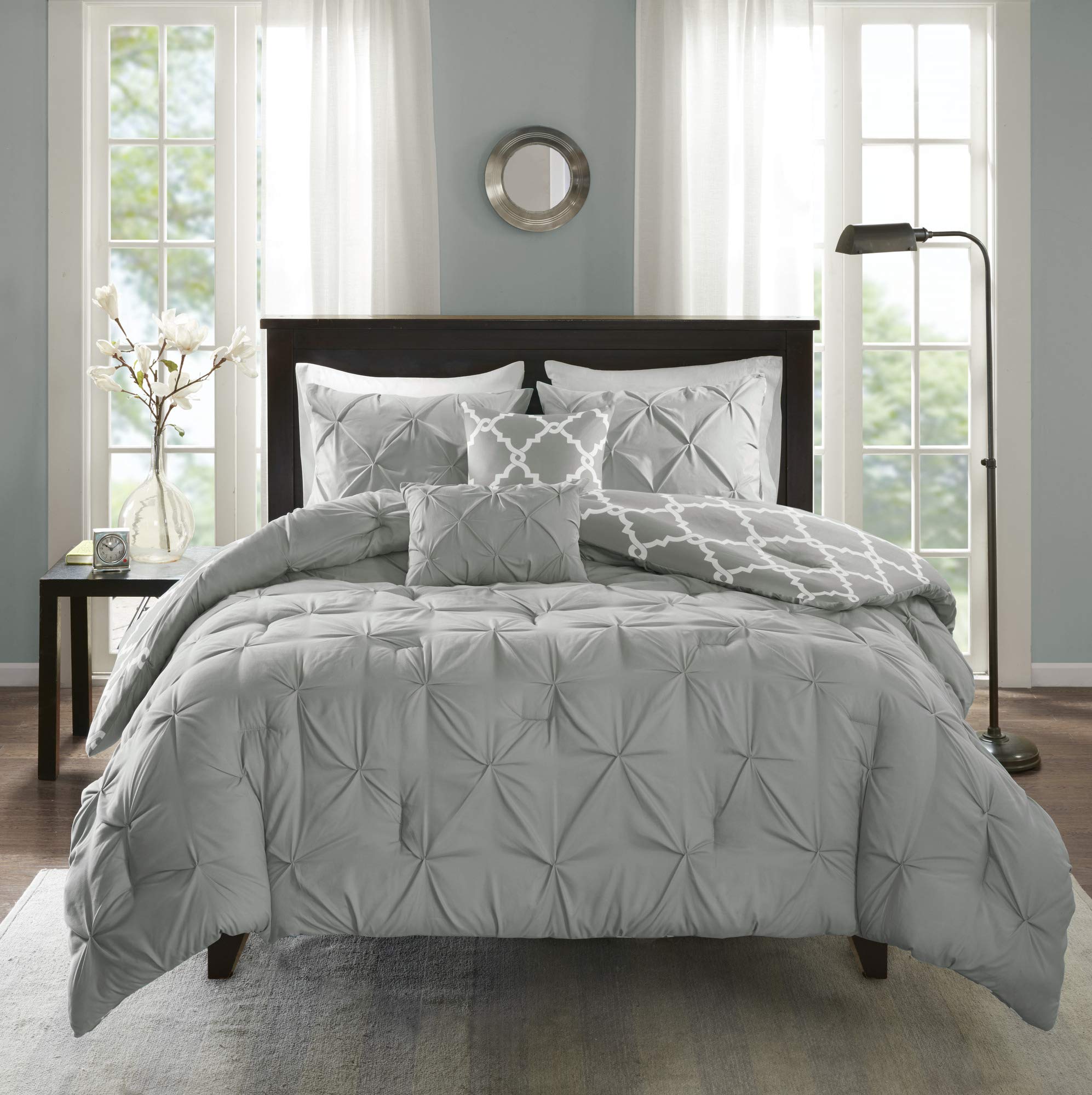 Madison ParkEssentials Kasey Cozy Comforter Set - Fretwork Design, All Season Bedding with Matching Shams, Decorative Pillow, Queen (90in x 90 in), Diamond Grey Comforter 5 Piece