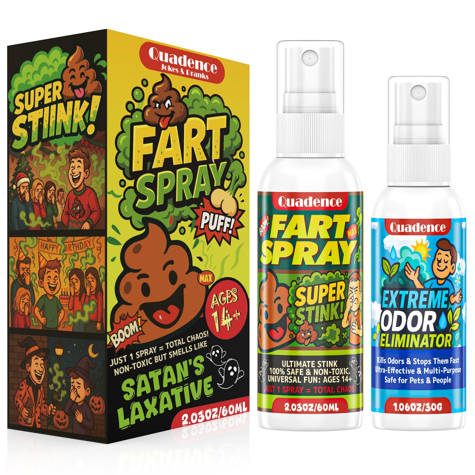 Quadence Fart Spray Extra Strong, 60ml Liquid Super Stink Spray for Prank Lovers, Great Gag Gifts, Office Party Outdoor Practical Jokes, Age 14+, 30ml Odor Eliminat Included