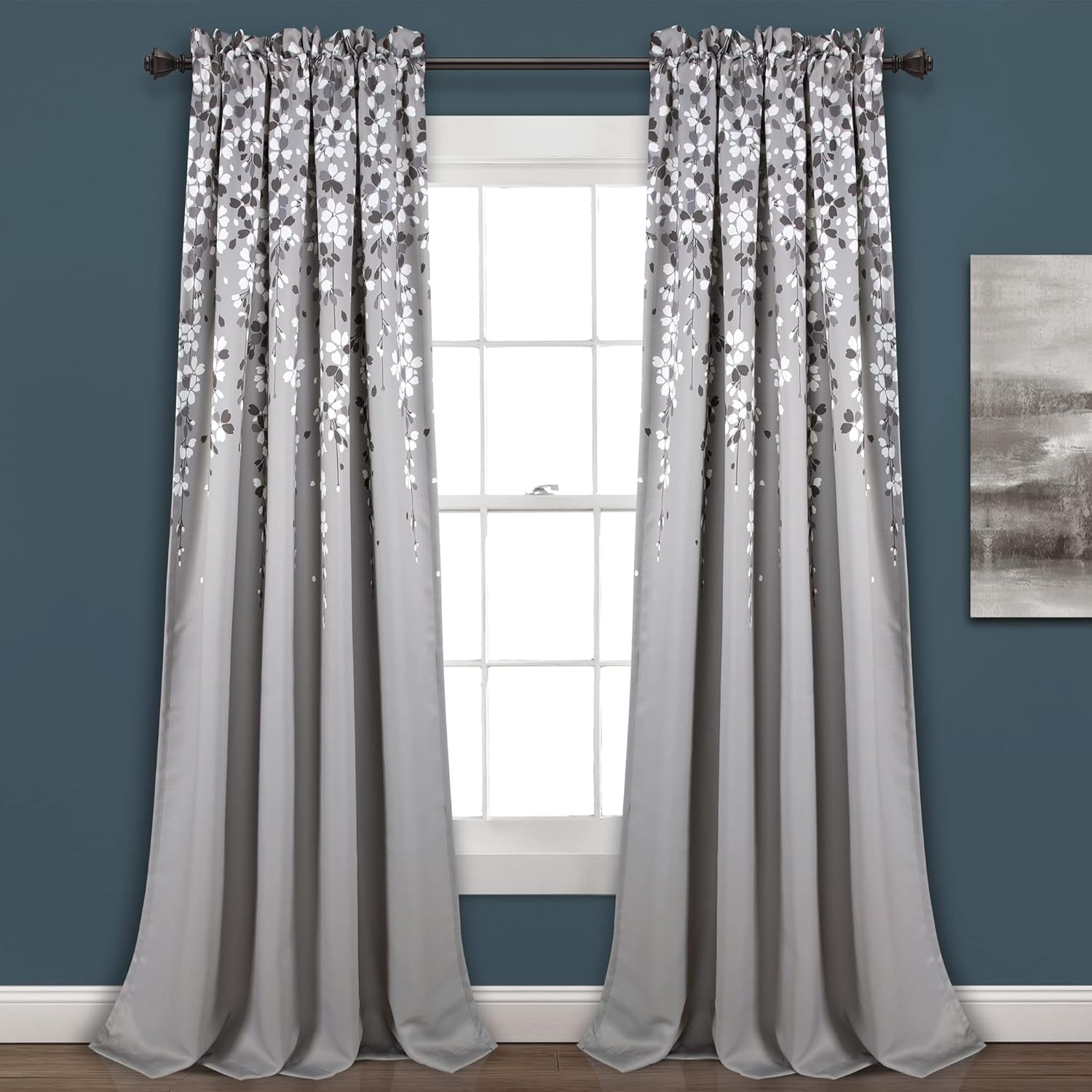 Lush Decor Weeping Flower Light Filtering Window Curtain Panels, Pair, 52"W x 108"L + 2" Header, Gray - Charming Modern Floral Curtains for Living Room, Dining Room, & Bedroom Grey 52"W x 108"L (Pack of 2) Window Panels
