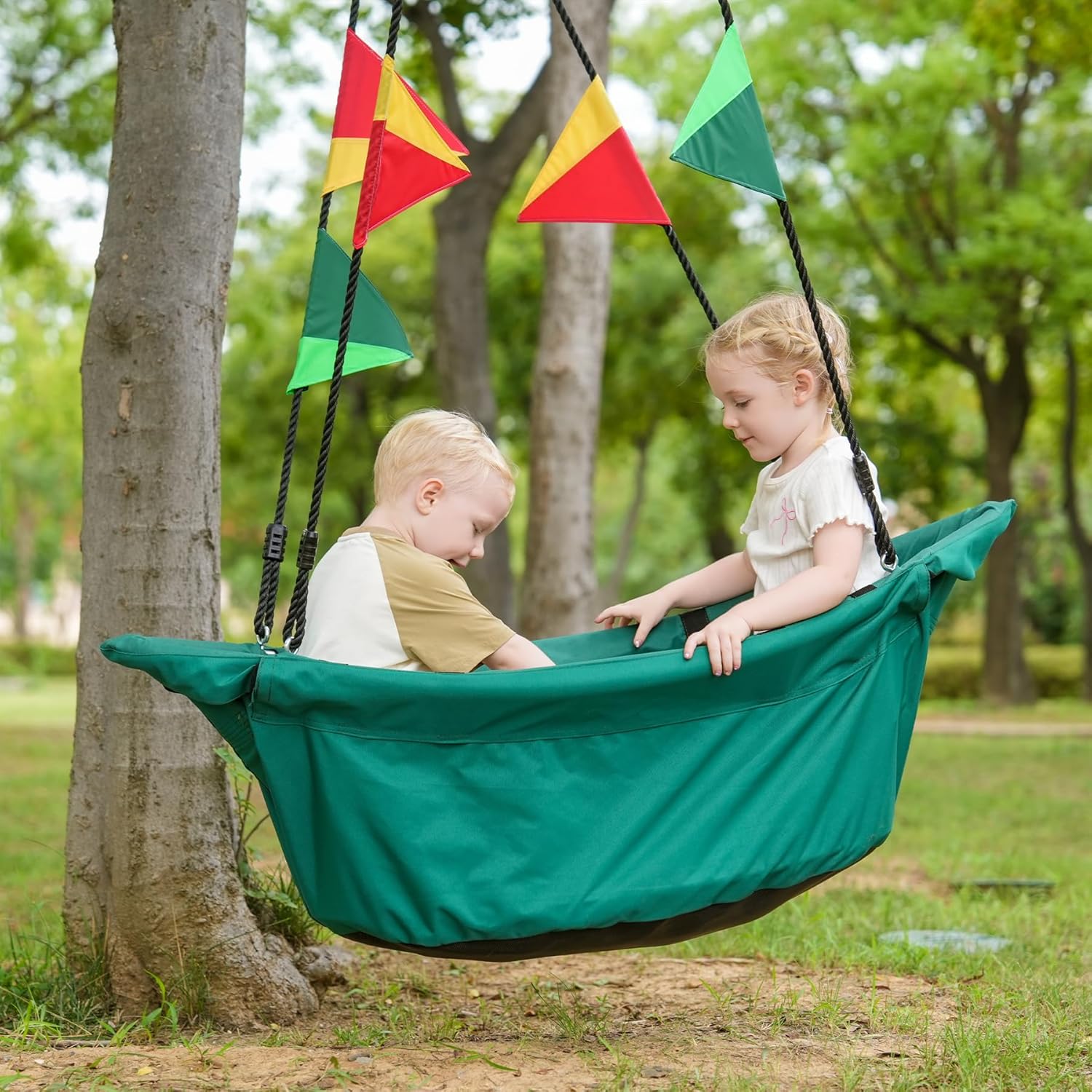 Large Platform 53'' RPET Boat-Shaped Swing, Canoe Tree Swing for Kids, Eco-Friendly Fabric, Indoor/Outdoor Hanging Hammock Chair, Safe & Comfortable Children’s Play (Racing Green)