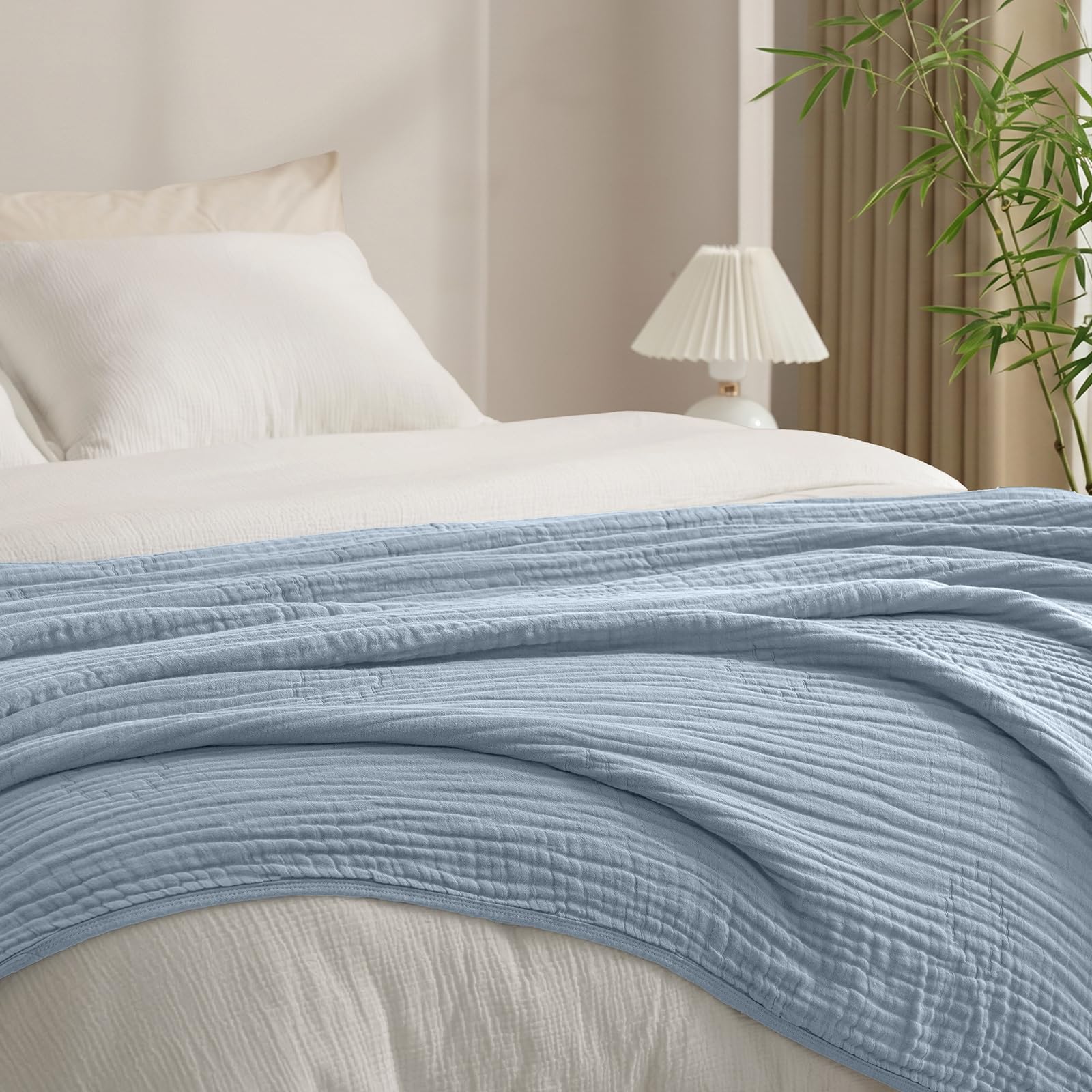 phf cooling muslin blanket queen size 90"x80", 6-layer lightweight gauze blanket made from 35% rayon derived from bamboo & 65% cotton, breathable & ultra soft cozy for hot sleepers, dusty blue