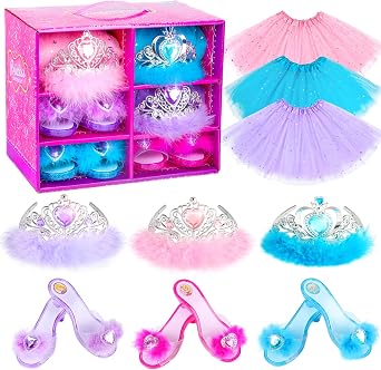 Princess Dress Up Shoes Princess Dresses for Girls, Dress Up Clothes Pretend Play Costumes-3 Sets of Princess Shoes, Dresses and Crowns, Princess Accessory Toys for 3-6 yr Girl Birthday Gifts