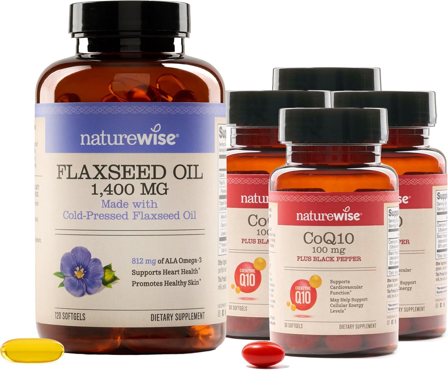 NatureWise [1] Flaxseed Oil 1400 mg - Cold Pressed Flaxseed Oil - 120 Softgels[120-Day Supply] + (Pack of 4) CoQ10 100mg + Black Pepper, High Absorption - 30 Softgels[30-Day Supply]