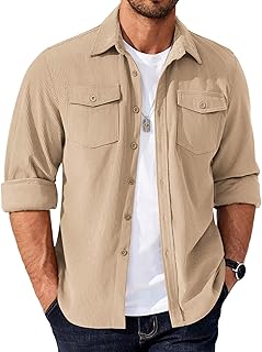 COOFANDY Men's Corduroy Button Down Shirts Jackets Casual Long Sleeve Shacket Lightweight Overshirts with Flap Pockets