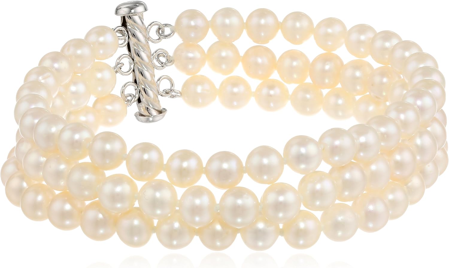 Sterling Silver Three-Row White Freshwater Cultured A Quality Pearl Bracelet (6.5-7 mm), 8" : Clothing, Shoes & Jewelry