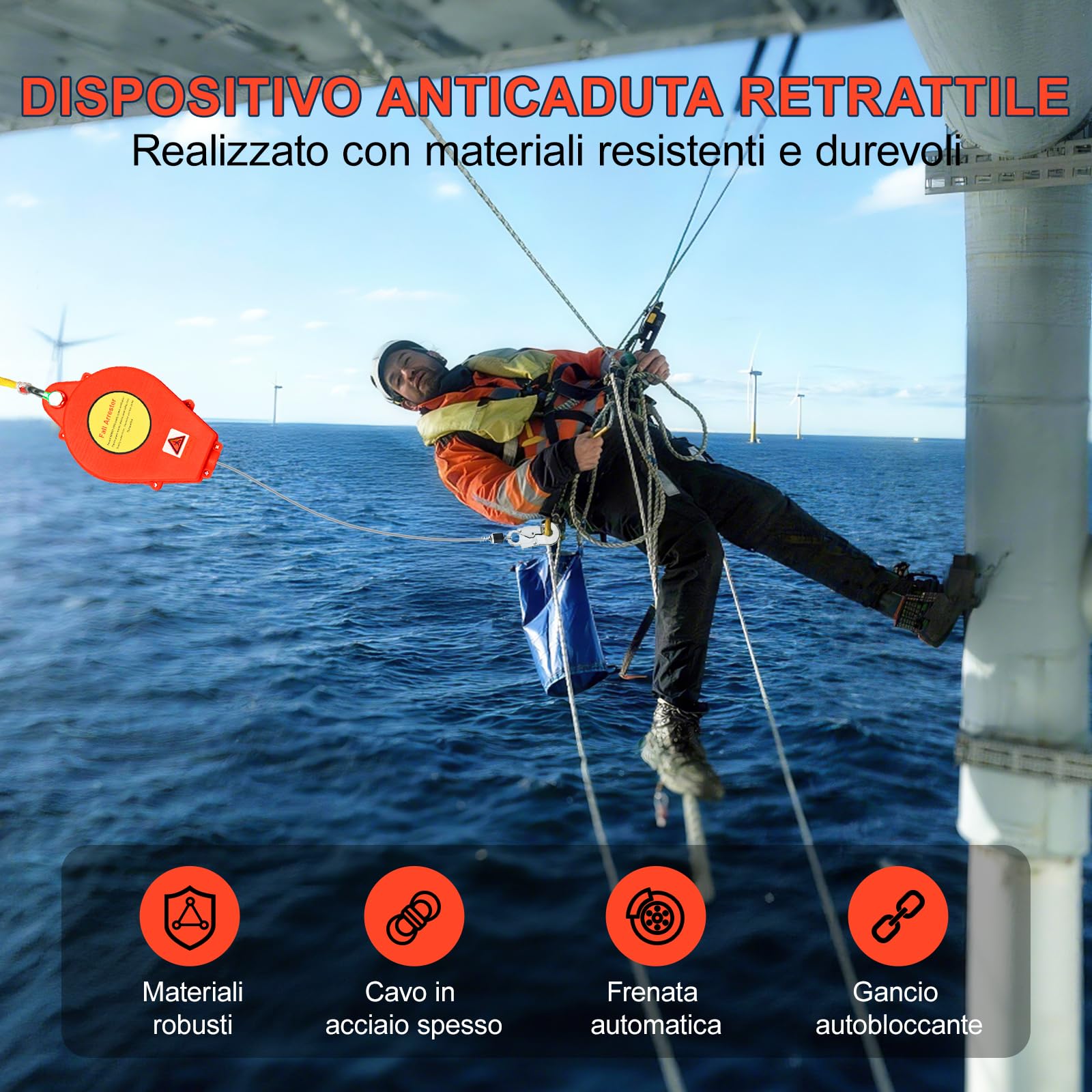 Dispositivo Anticaduta Retrattile, 200 KG Dispositivo Anticaduta Tetto con Doppia Serratura, 10/15/20m Rosso Kit Imbracatura Anticaduta Tetto e Lavoro Aereo (10m) | Bloccaggio rapido e smorzamento degli urti in caso di caduta