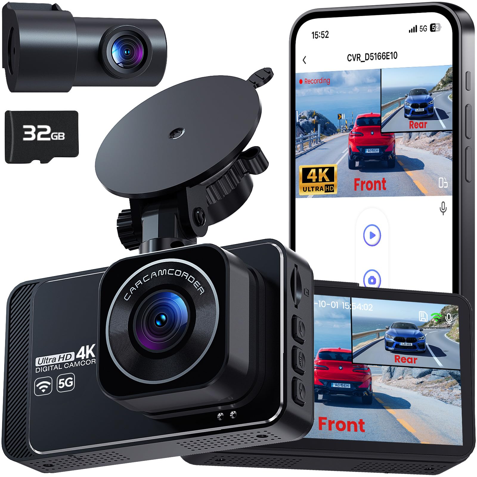 4K Dash Cam Front and Rear Camera with 5G WiFi, Dashcams for Cars with APP, 170°Wide Angle, 3" IPS Screen, Night Vision & 24/7 Parking Monitor, Loop Recording, 32GB Card Included