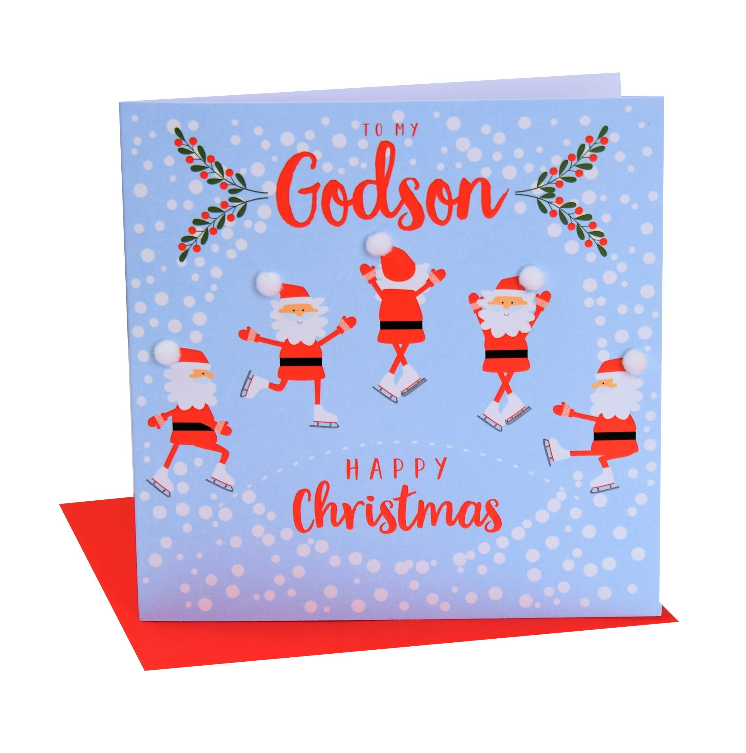 Claire Giles Greeting Cards, Happy Christmas Godson Card, Skating Santas design xmas Greeting Card, Embellished with Colourful Pompoms